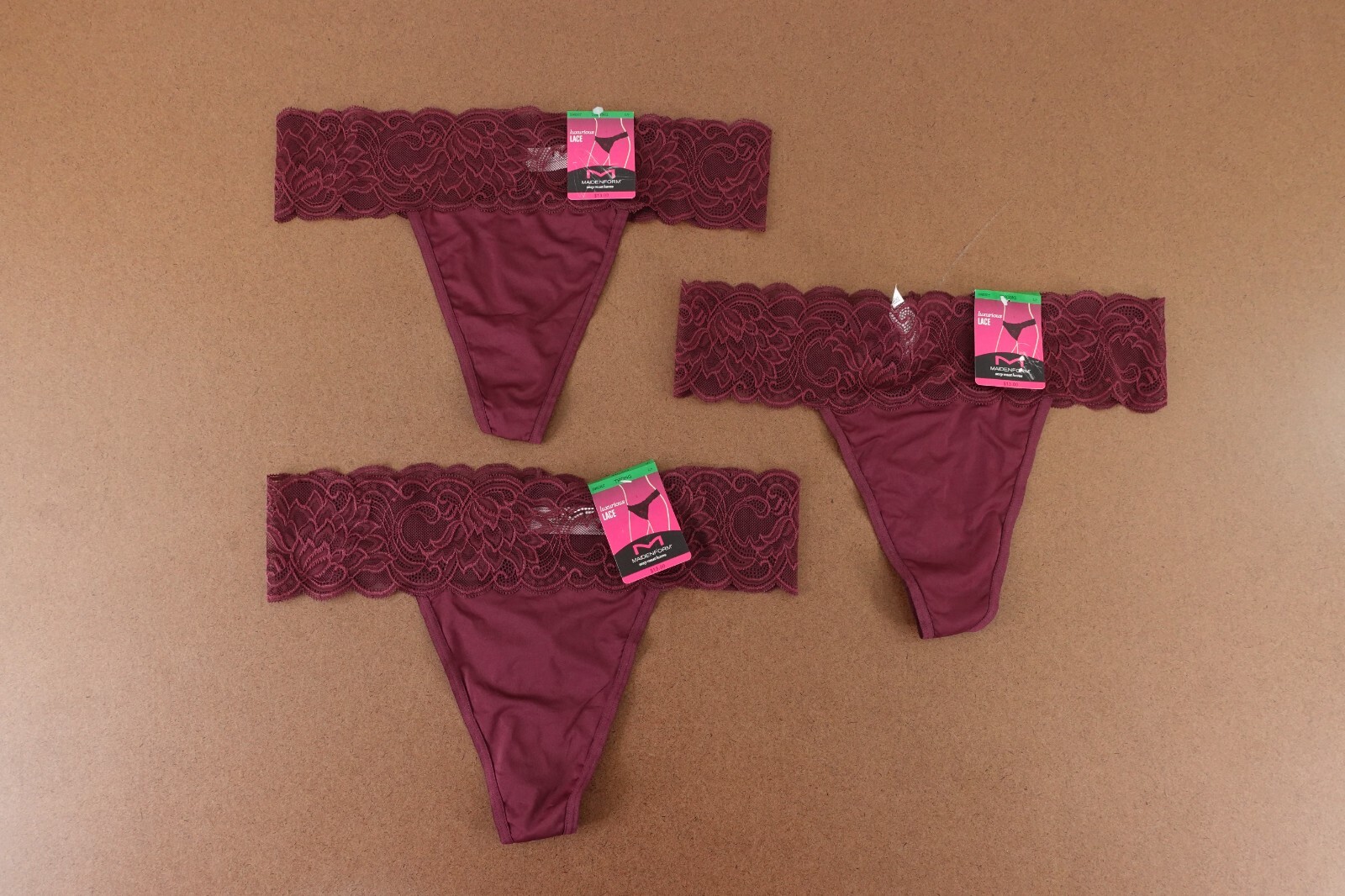 Lot of 3 Maidenform Women’s Size Large/7 Burgundy Lace Thong Panties NWT