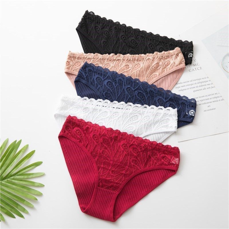 Spandex Cotton Underwear-Solid Plus Size Briefs Lace Mid-Rise Sexy Women Panties
