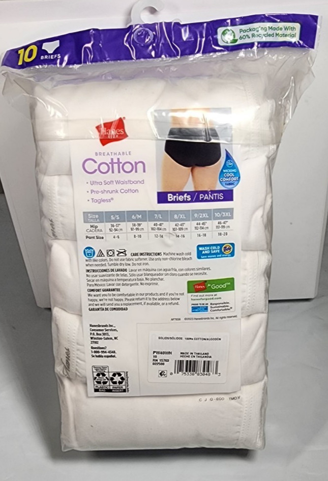 Hanes Breathable Cotton Valu Pak 10 Tagless Briefs Size 10/3XL Preshrunk Cotton
