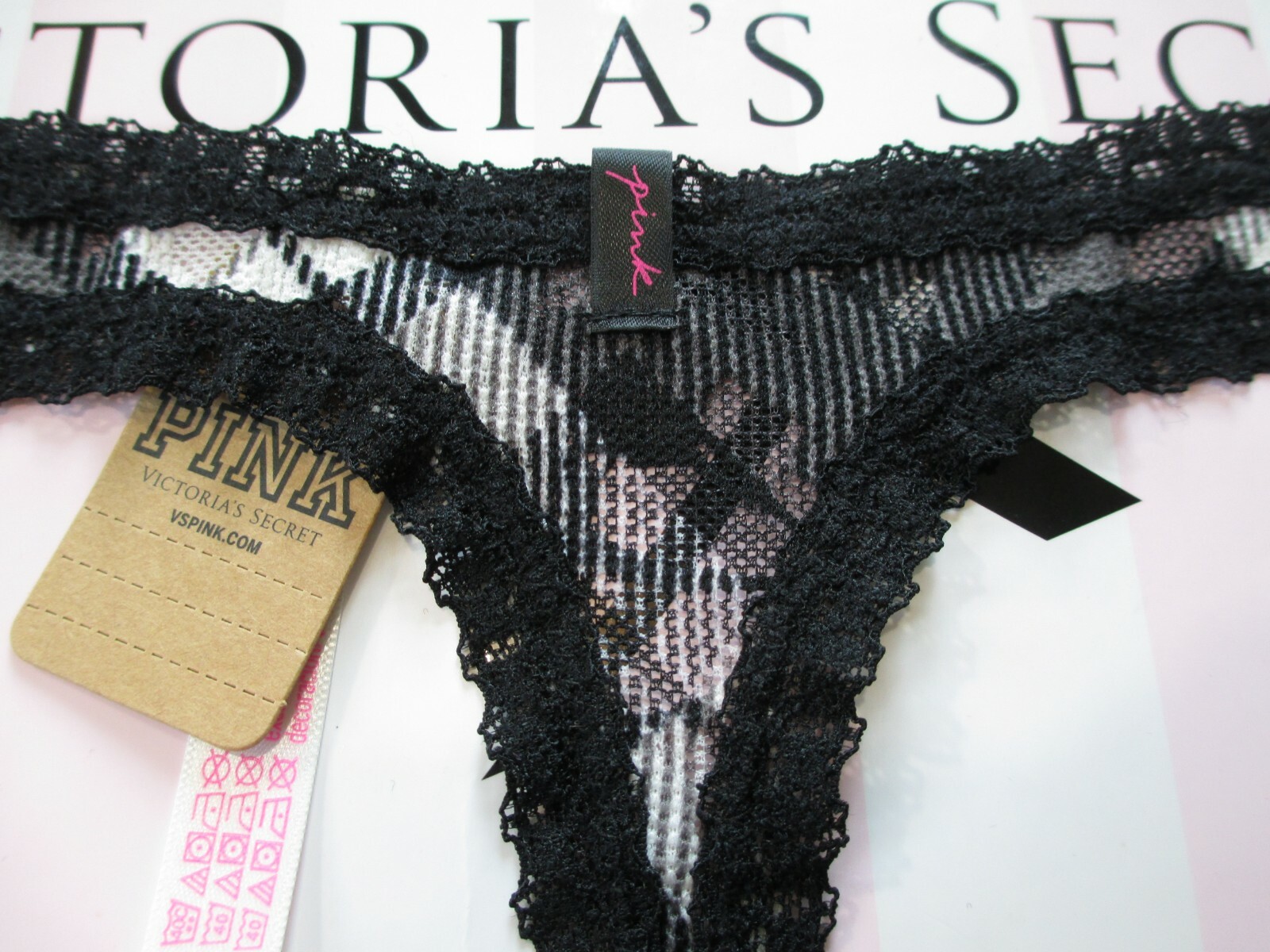 VICTORIA’S SECRET PINK Strappy Thong Panty S M Black White Plaid VS FREE SHIP 4+