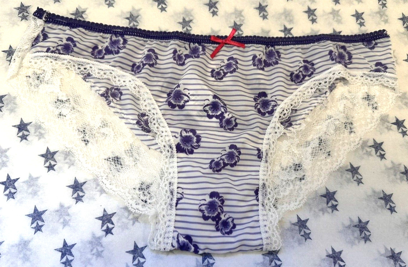 NEW! Boux Avenue UK6 8 10 purple and ivory striped and floral lace trim knickers