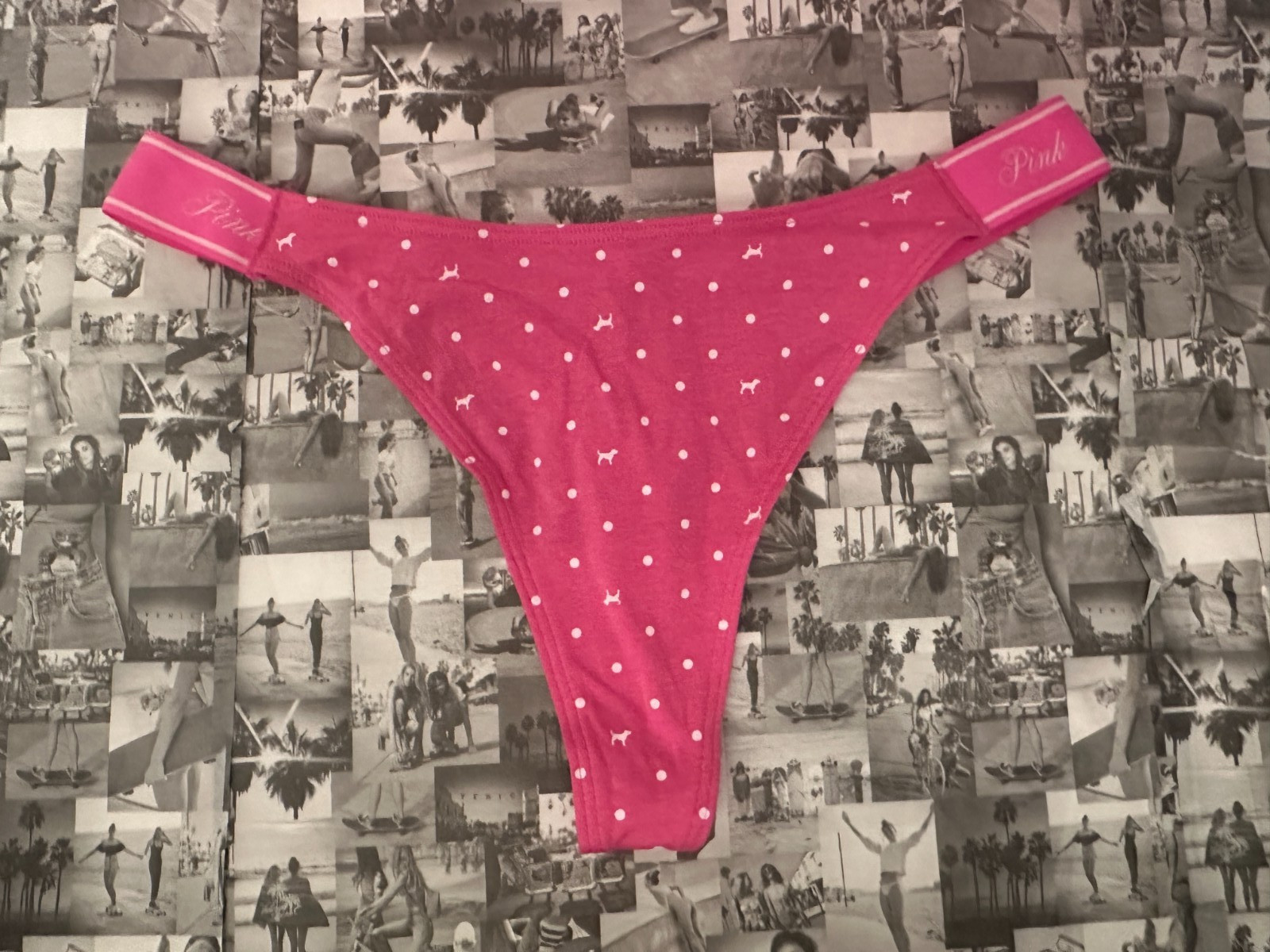 Victoria’s Secret PINK Elastic Logo cotton High Leg Thong Panty Pink Dot Dog M
