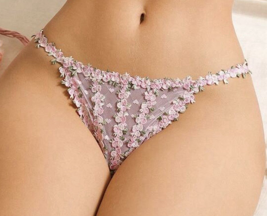 Sheer Pink 💕Mesh w Floral Embroidered Detail String Bikini Panties XL NEW
