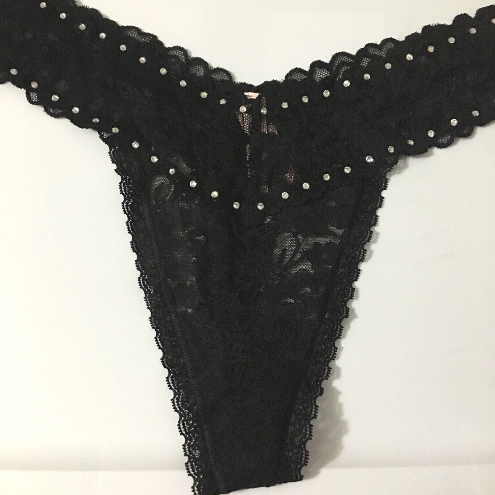 Victorias Secret Black Lacie Thong Panties Size L Sexy Rhinestone Accents Flirty