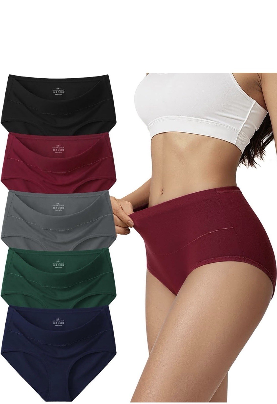 High Waist Full Coverage Brief Panties 5 Pack S Multicolor Cotton Spandex