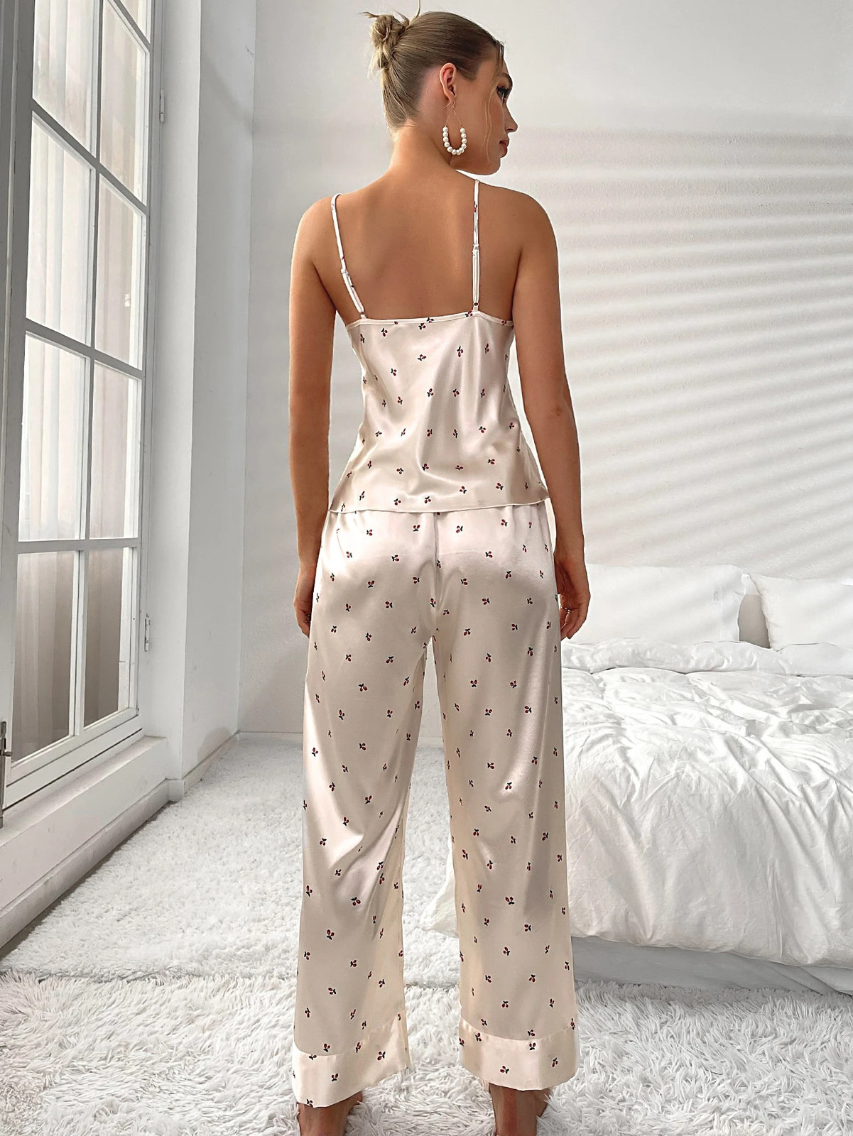 Softscene Cherry Print Satin Strappy Top and Pants Pyjama Set Ladies Cheap24