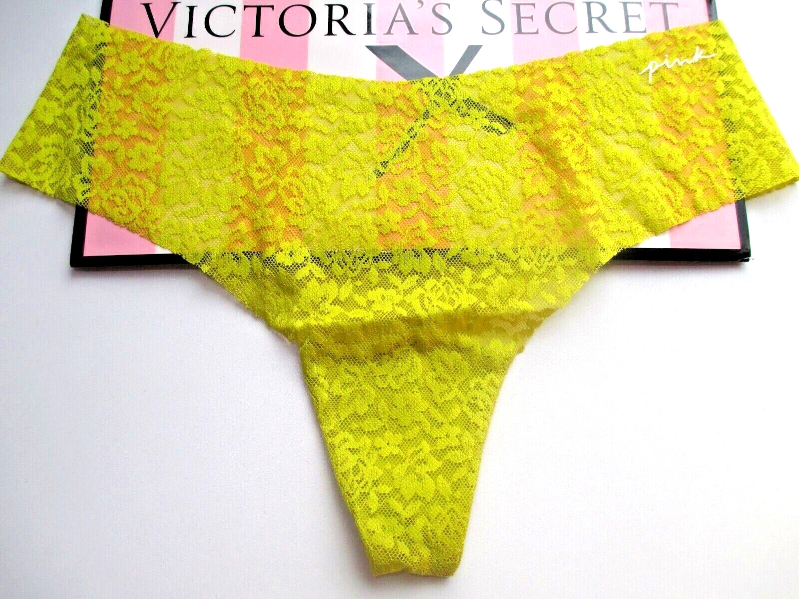 VICTORIA’S SECRET PINK No Show Lace Thong Panty VS Chartreuse Yellow M L XL 2XL