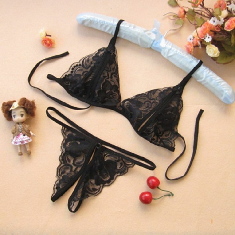 Women Lingerie Underwear Set Open Cup Sheer Lace Bra Open Crotch Pant Babydoll