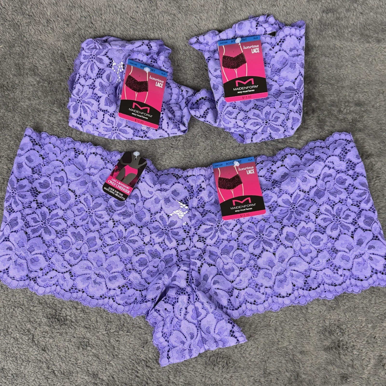 3 Pair Maidenform Luxurious Lace Boyshort Panty DMCLBS Size 8 / XL Purple Cheeky