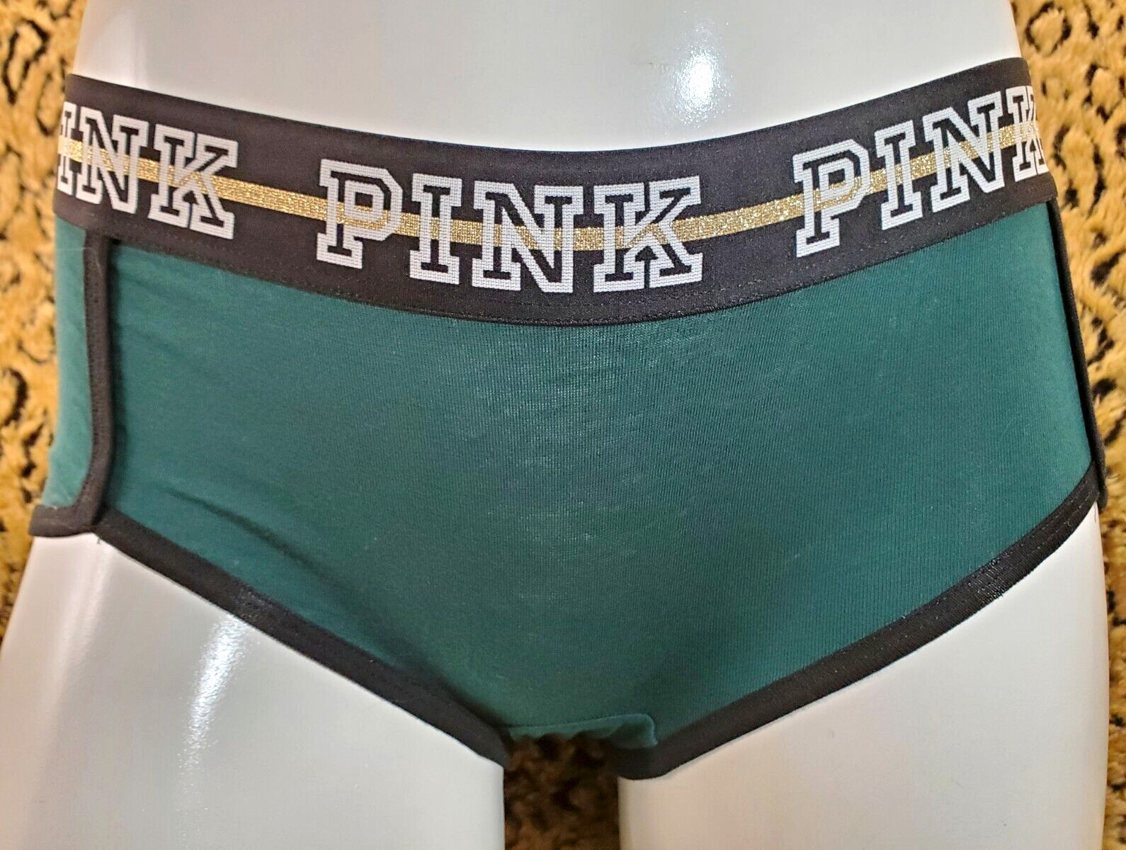 Victoria’s Secret PINK Gold Glitter Logo Dark Green Boy Short Panty XS NWT Sexy