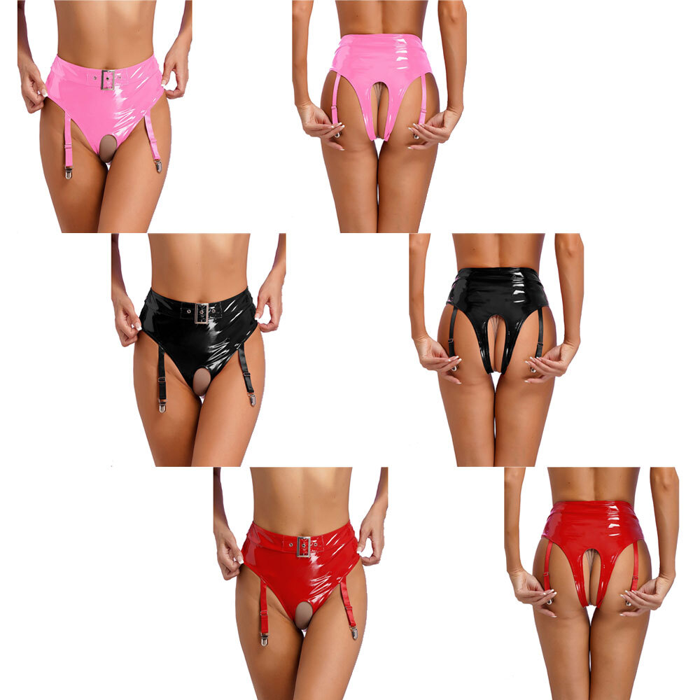US Women Metallic Underwear Leather Thong Exotic Boxer Shorts Open Crotch Briefs