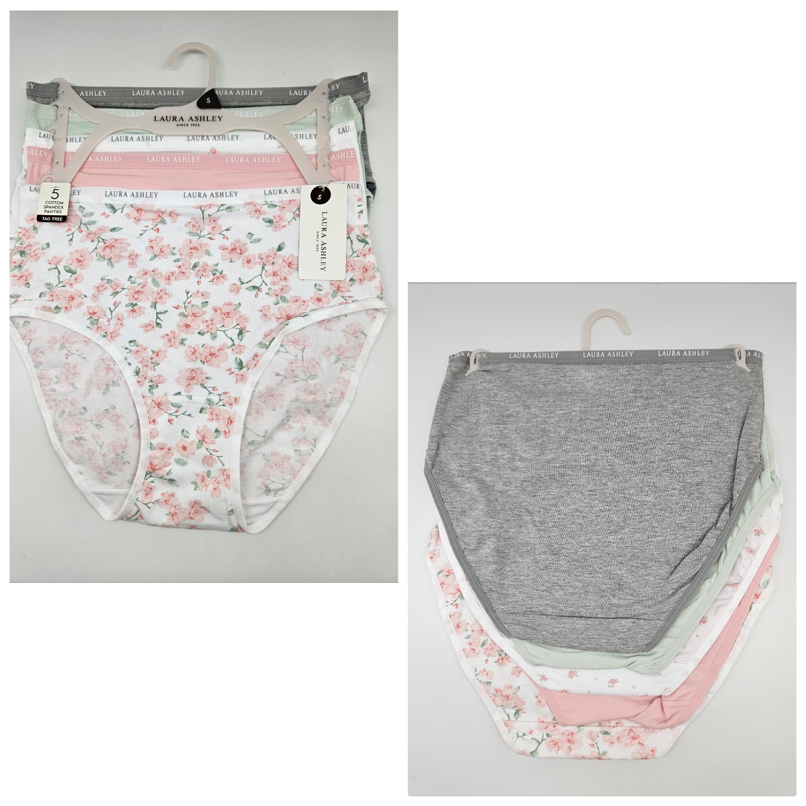 LAURA ASHLEY 5 Pack Women’s S M L Logo Cotton Panties Gray Green White Pink
