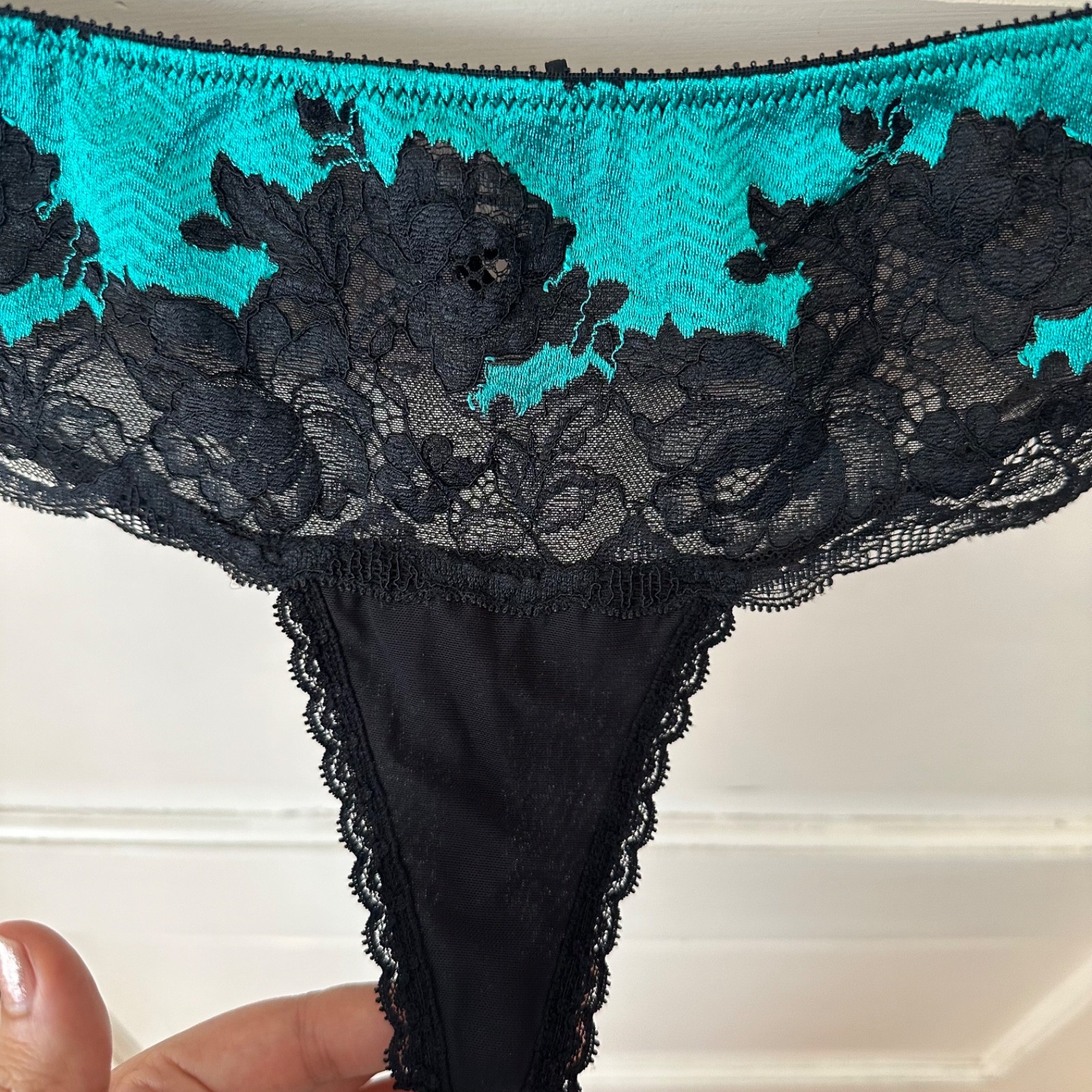 Vintage Victoria’s Secret Black Turquoise Lace Thong Panties Seduction Poolside