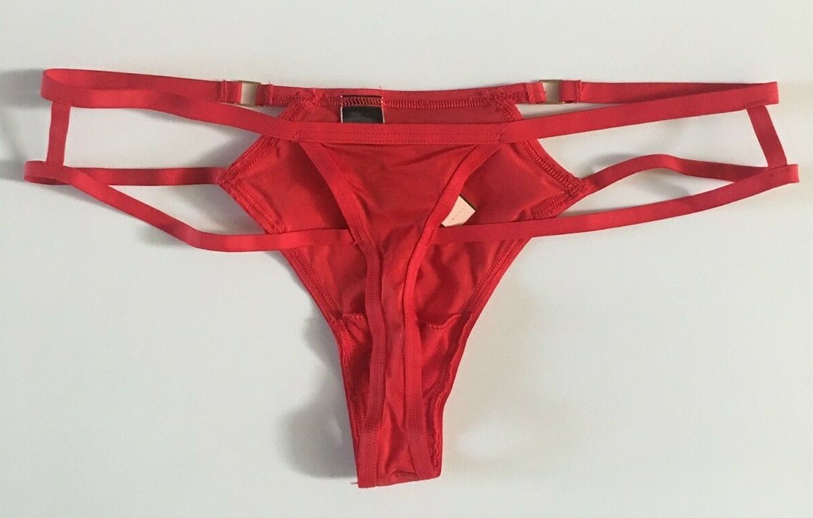 Victorias Secret Red Silky Solid Strappy Thong Panties XS-M-L Square Accents NWT