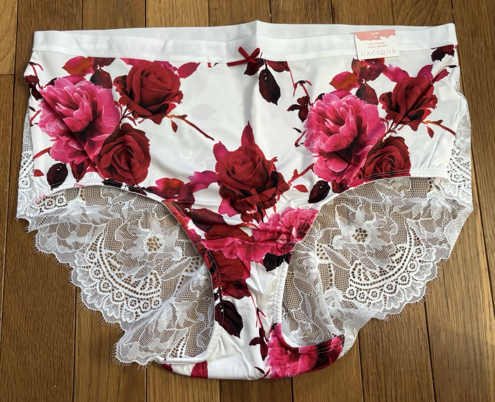 Plus Sz 14/16 Lane Bryant Cacique No Show Lace Full Brief Panty White Red Rose