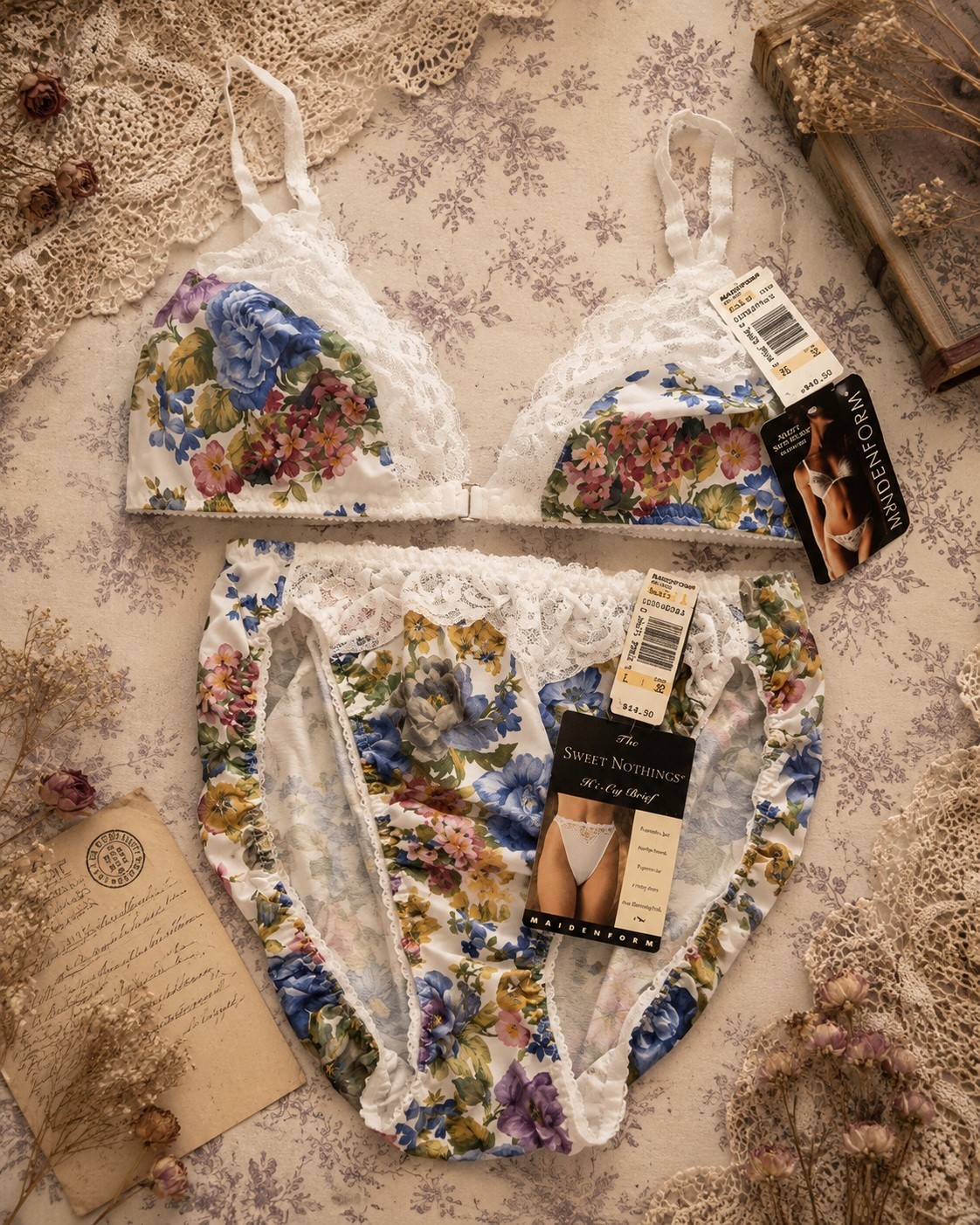 Vtg Maidenform Sweet Nothings Satin Panty Floral Lace Bikini & Bra Size Large 36