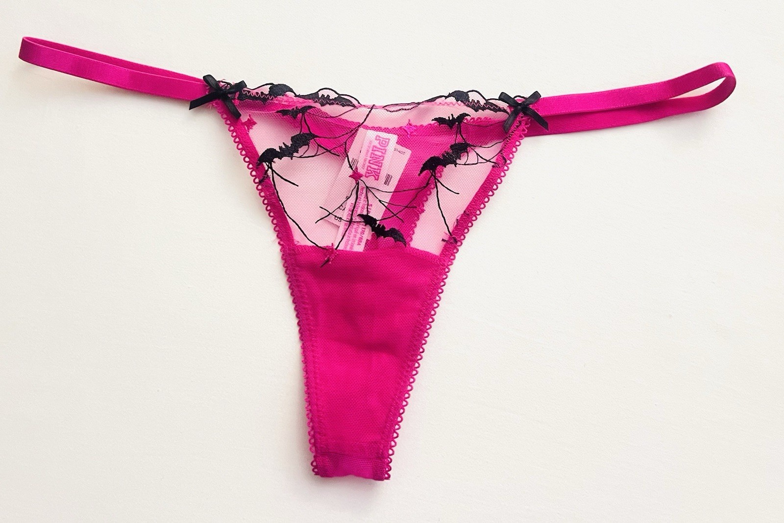 Victoria’s Secret PINK Hot Pink Black Lace Bat Thong Panty Halloween Bow Small