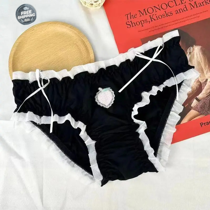 Strawberry Panties Women Satin Sweet Ruffle Briefs Cute Peach Kawaii Underwear