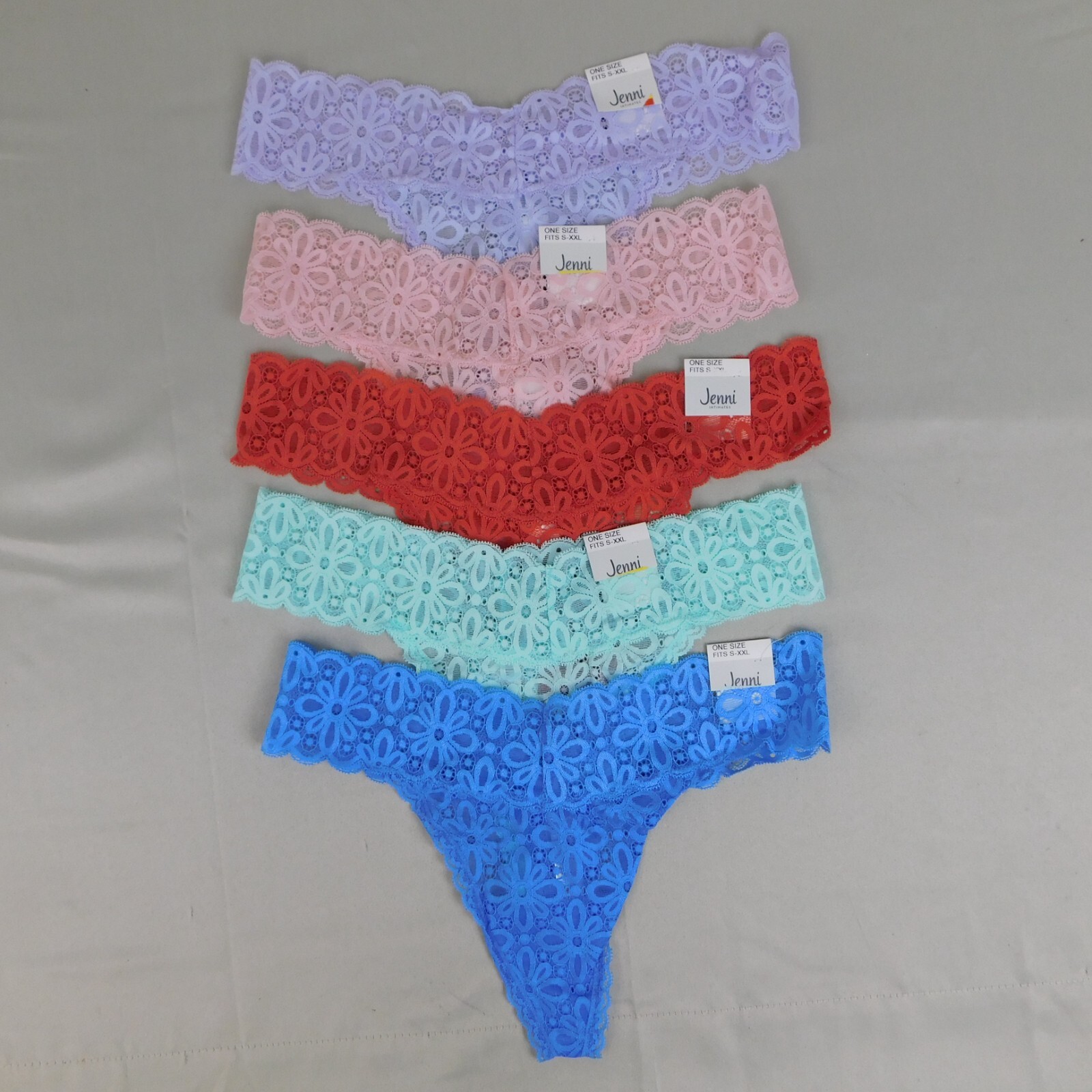 5pc Lot Jenni Nylon Floral Stretch Lace Everyday Thong Panties One Size