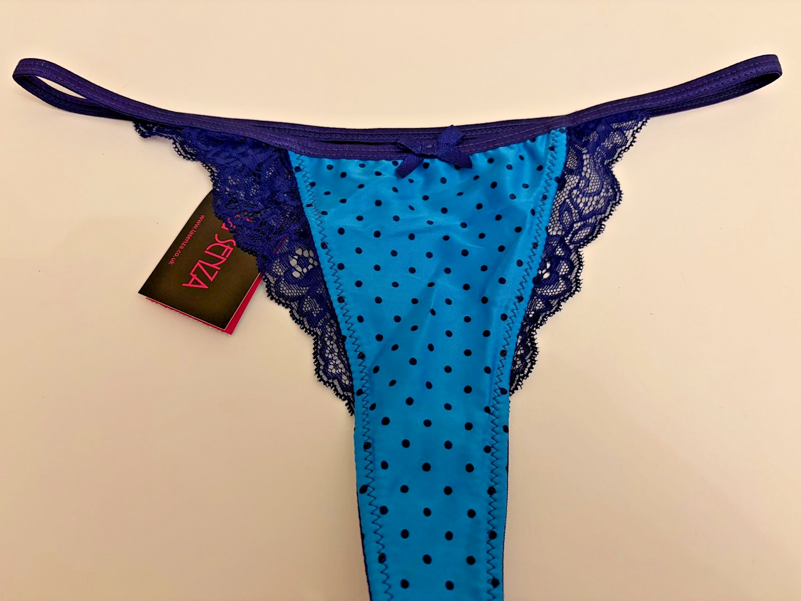 Bnwt La Senza Satin Lace Thong 8 10 12 14 16 Navy Turquoise Spot Print