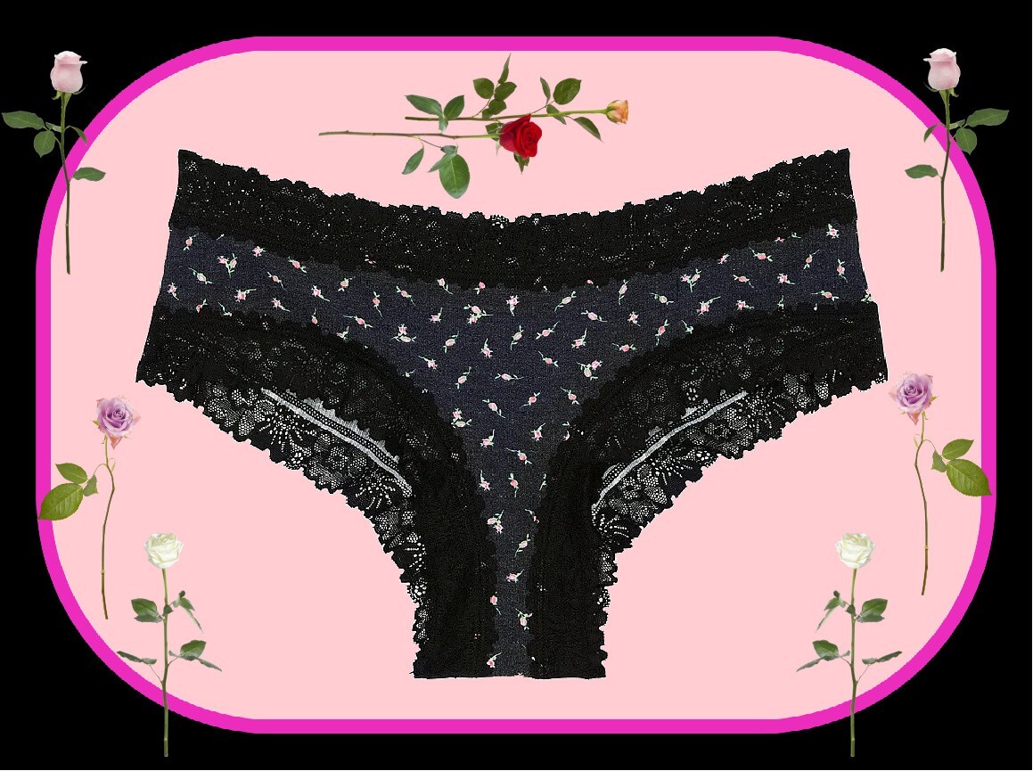 M Black Rose Rib Victoria’s Secret PINK WINK Lace-Waist & Leg Cheeky Pantie