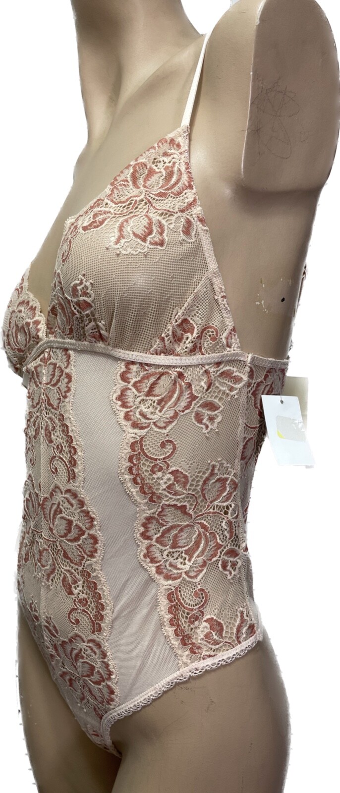 NWT $54 In Bloom by Jonquil Thong Bodysuit SMALL Nude w Coral Florals Stretchy