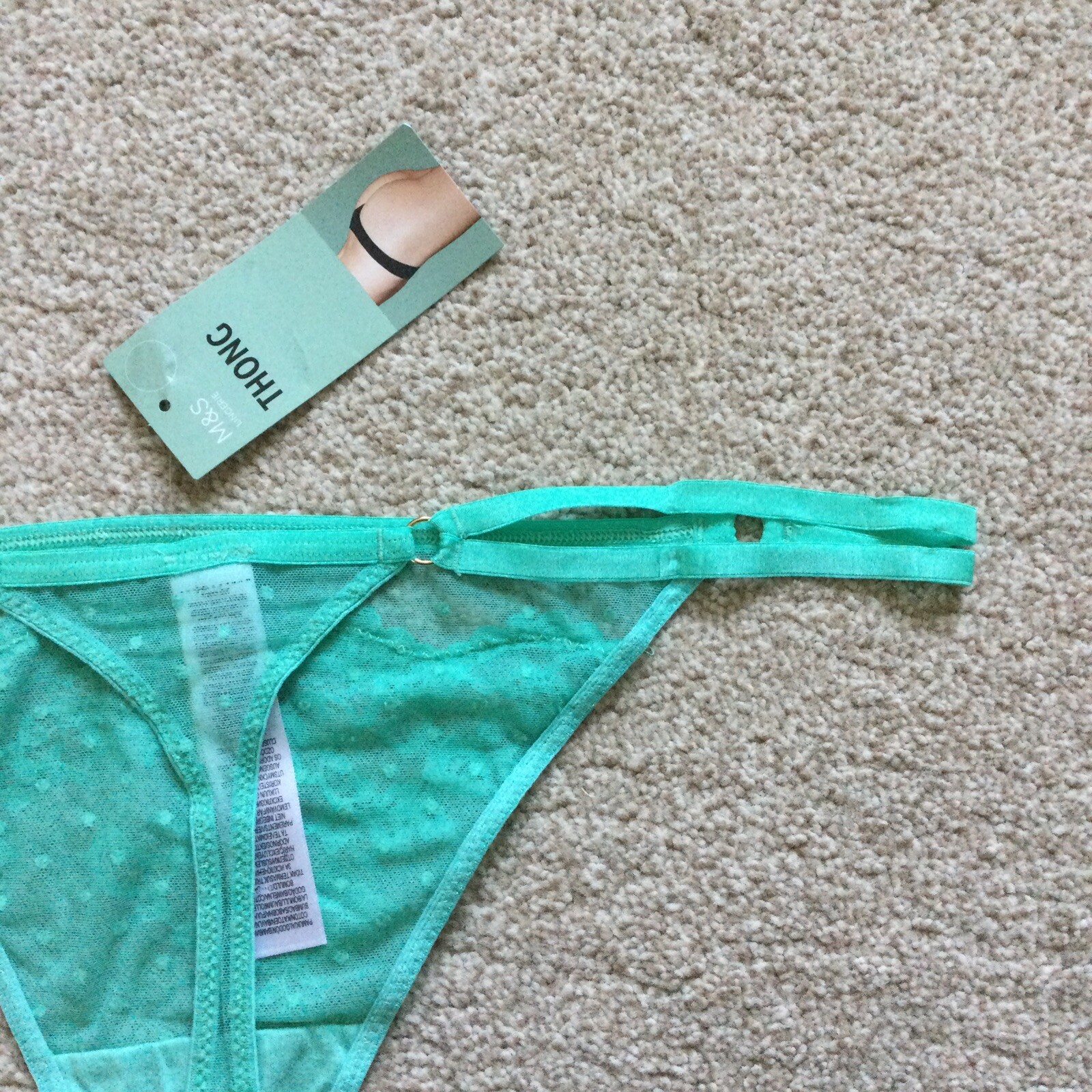 M&S Size 16 Ladies Lace Mesh Thong Knickers Light Jade Green Gold Ring Detail