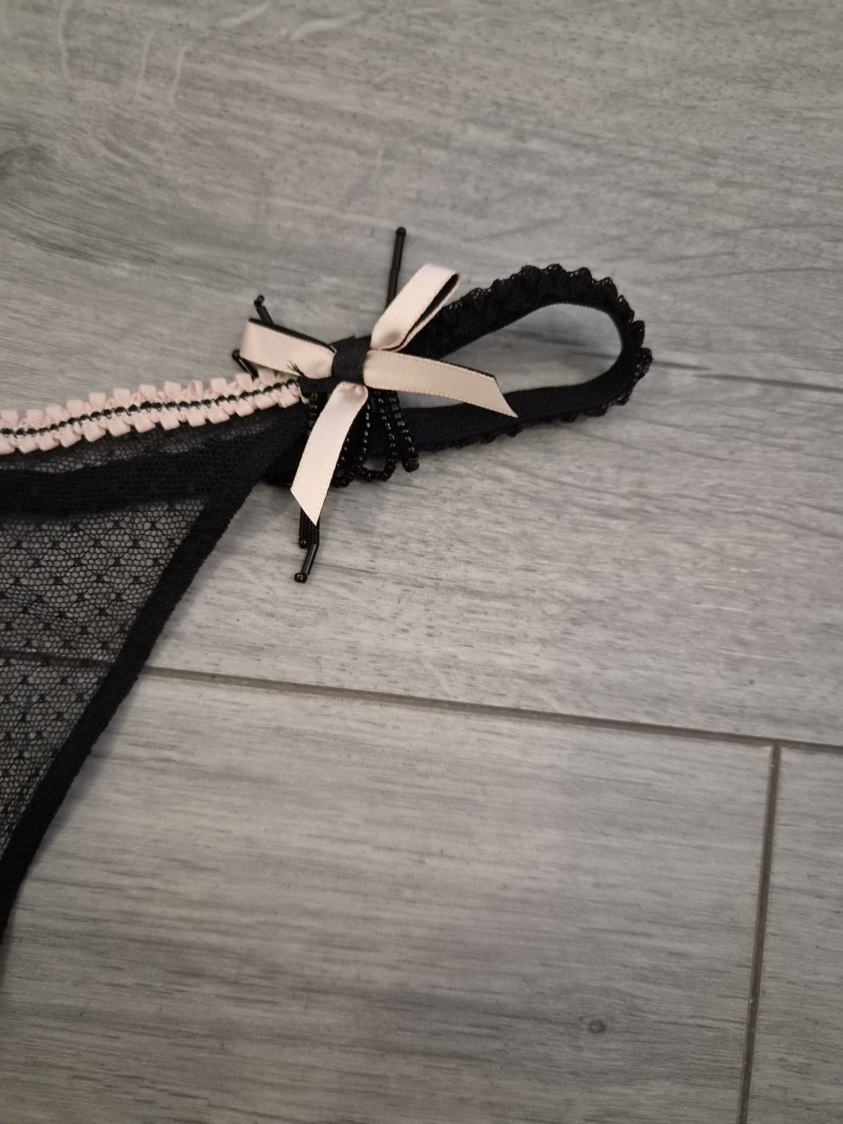BNWT Vintage Ann Summers Sheer Black & Pink Showgirl Beaded Thong Size 18-20