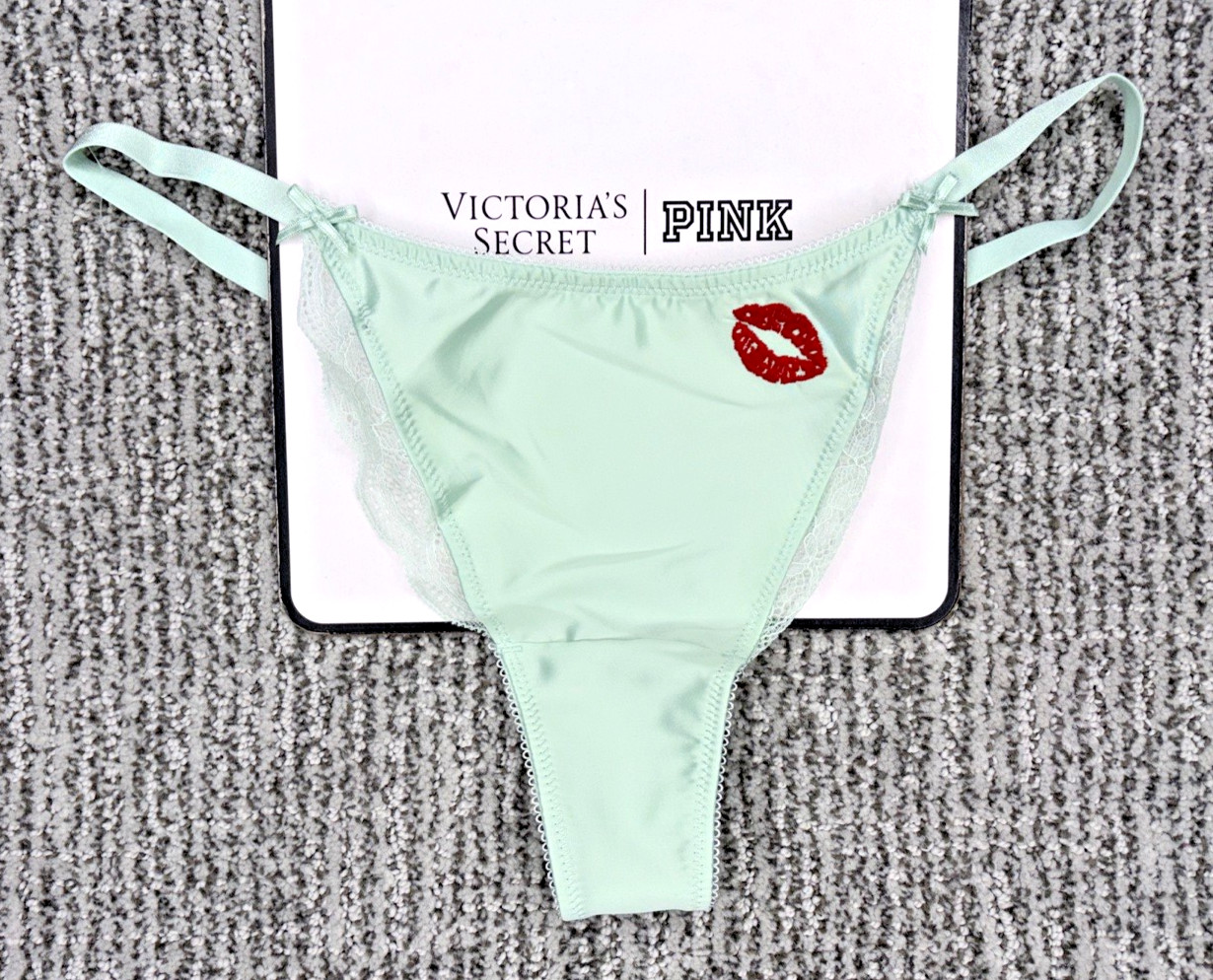 Victoria’s Secret Tease NWT Large Green Satin Kiss High Leg Thong Panty Sexy Bow