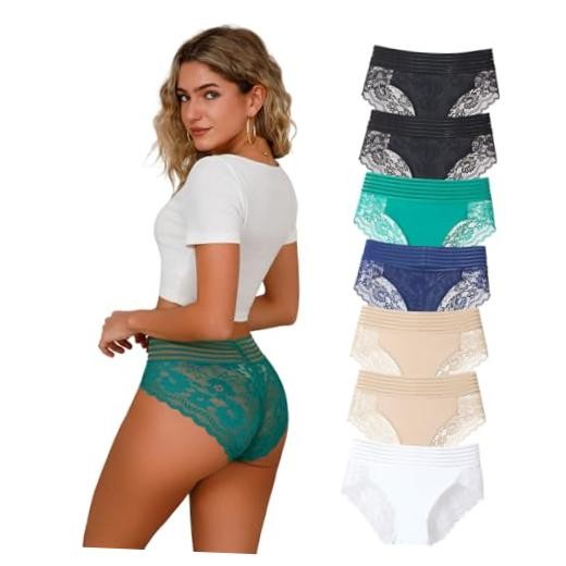 Lace Underwear for Women High Waisted 2X 7pcs-black/Nude/White/Blue/Green