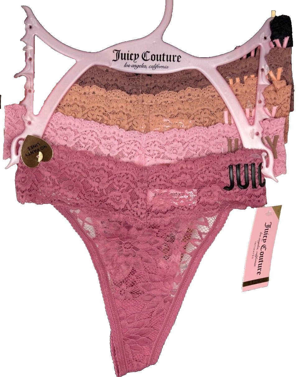 Juicy Couture L Lace Pink-Brown Array Of Colors Logo No-Line Thong Panties-5 Pk