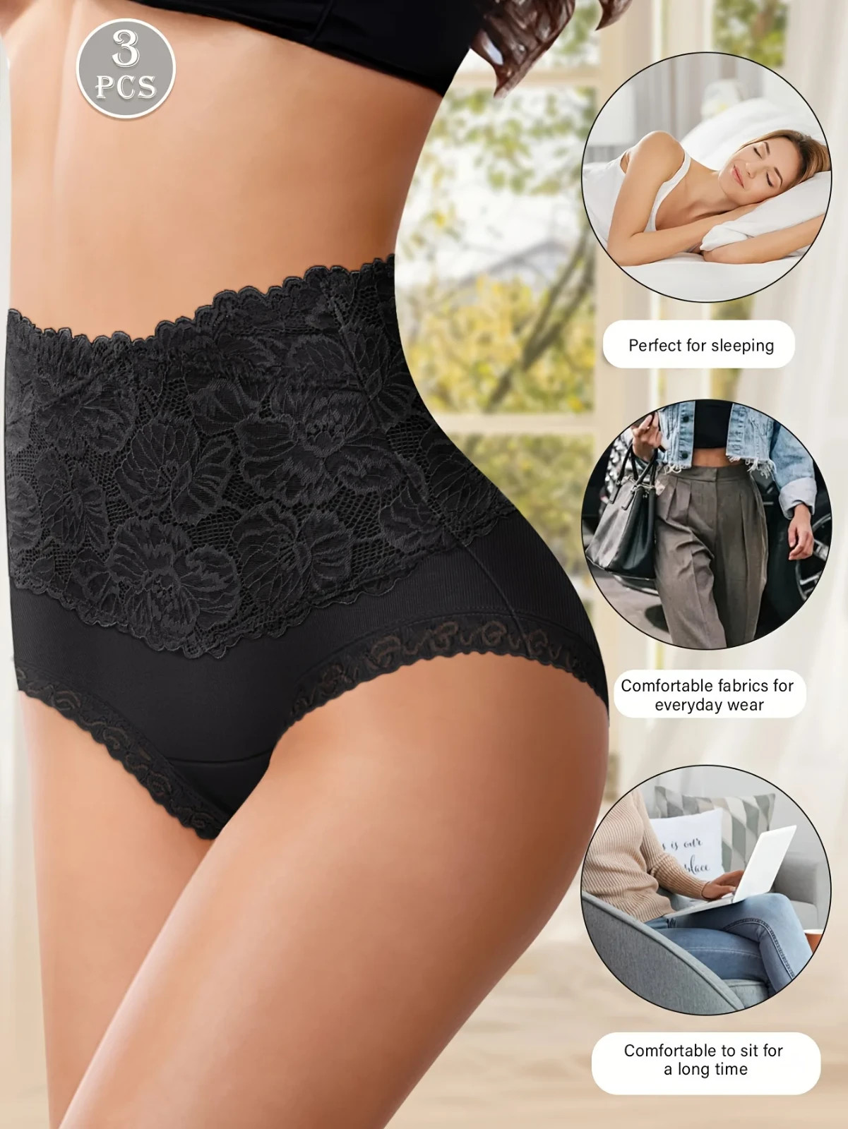3pcs Solid Floral Lace High Waist Briefs Comfy Breathable Stretchy Panties