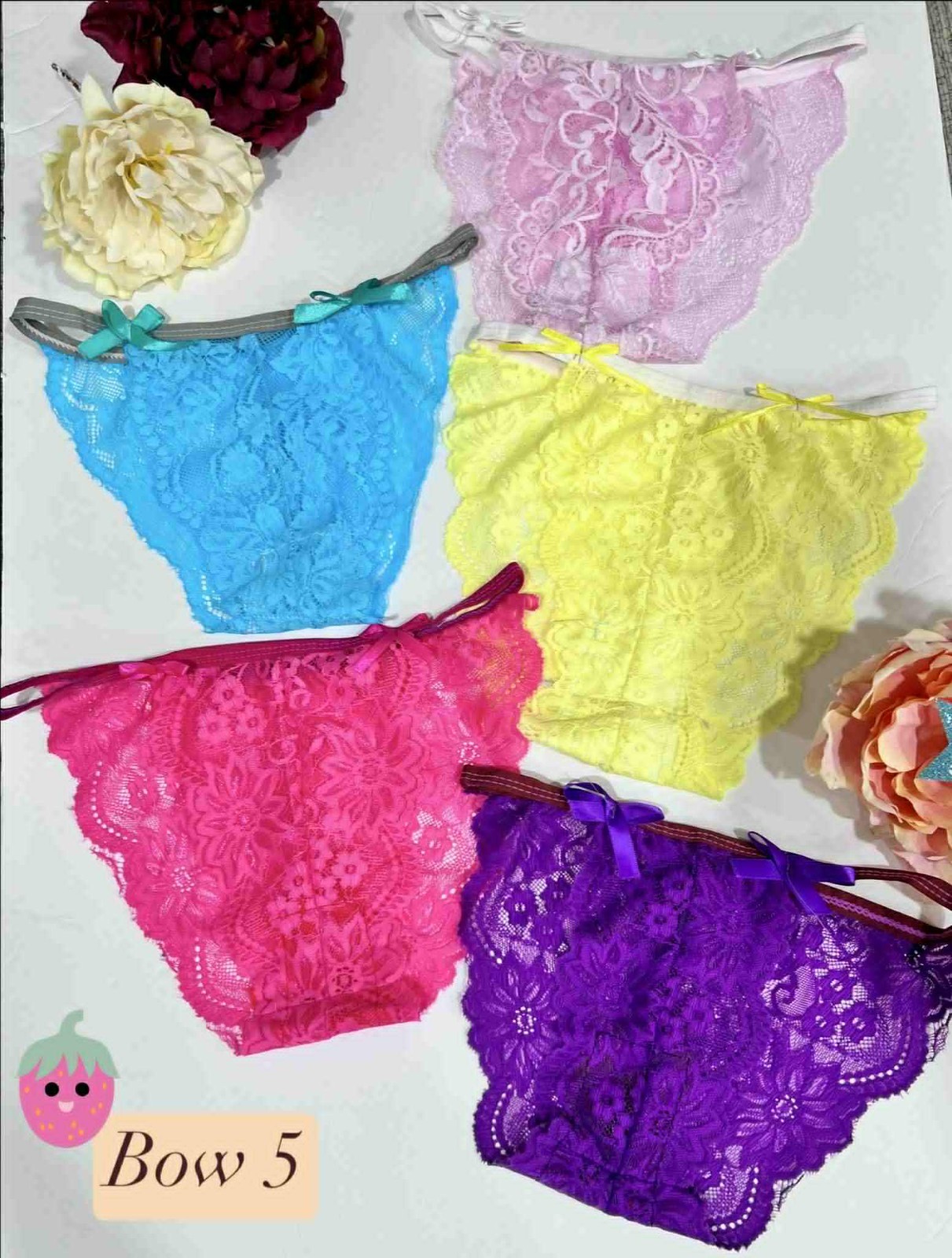 Pack of 5 Bow Decor Floral Lace Underwear for Women Stretching Colorful