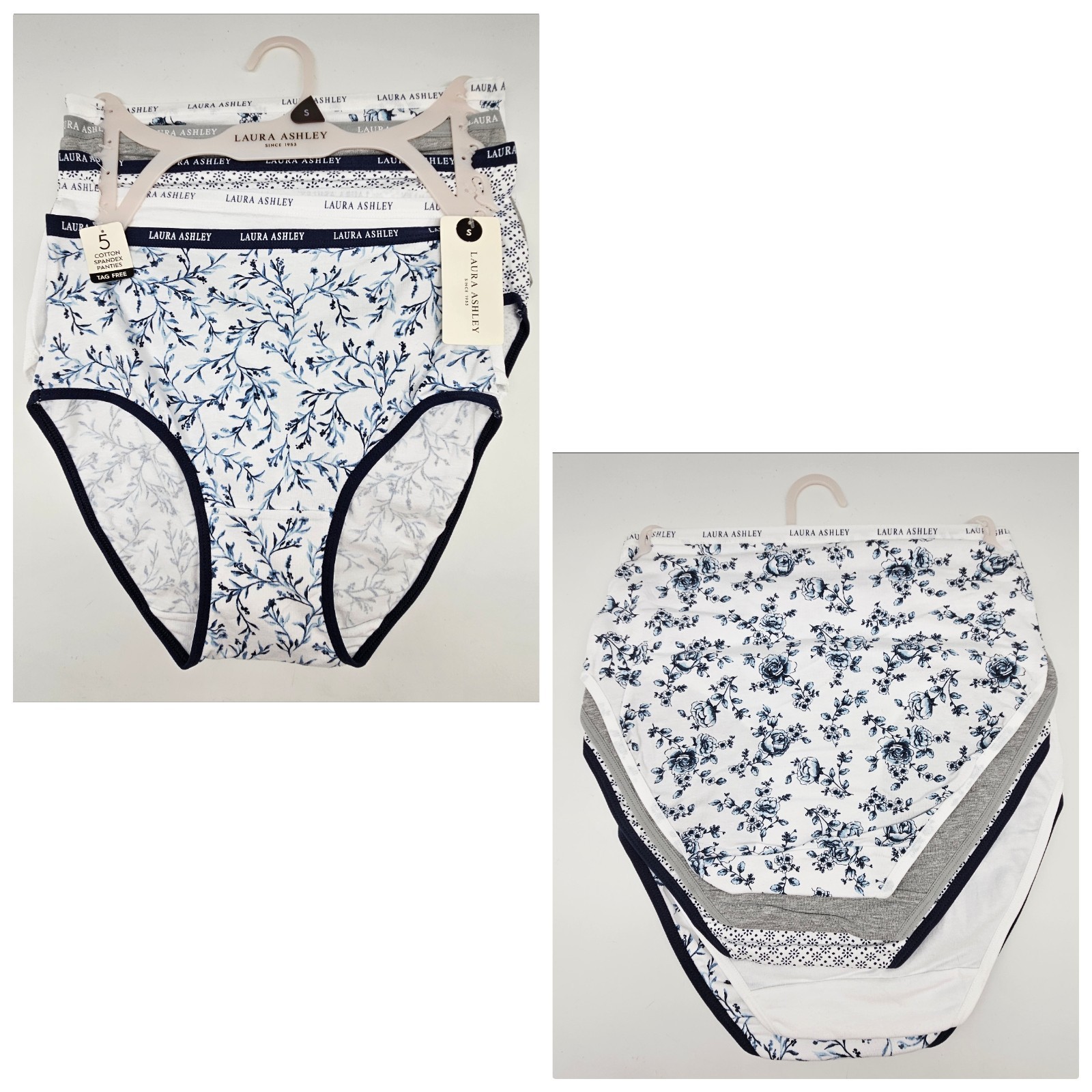 LAURA ASHLEY 5 Pack Women’s S L XL Logo Cotton Panties Tag Free White Navy Blue