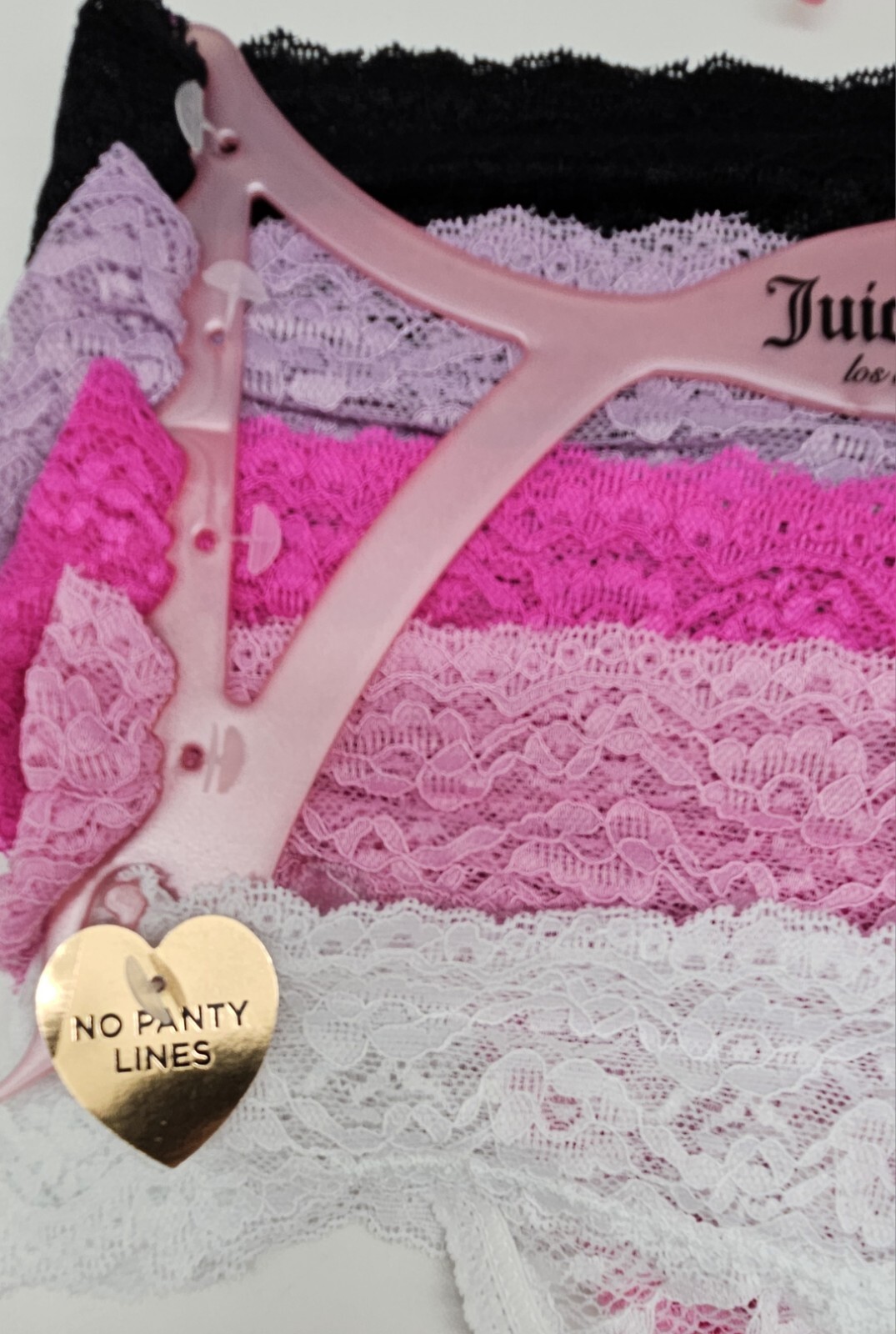 JUICY COUTURE Women’s S M L 5Pk Lace Logo Thong Panties Black Pink Purple White