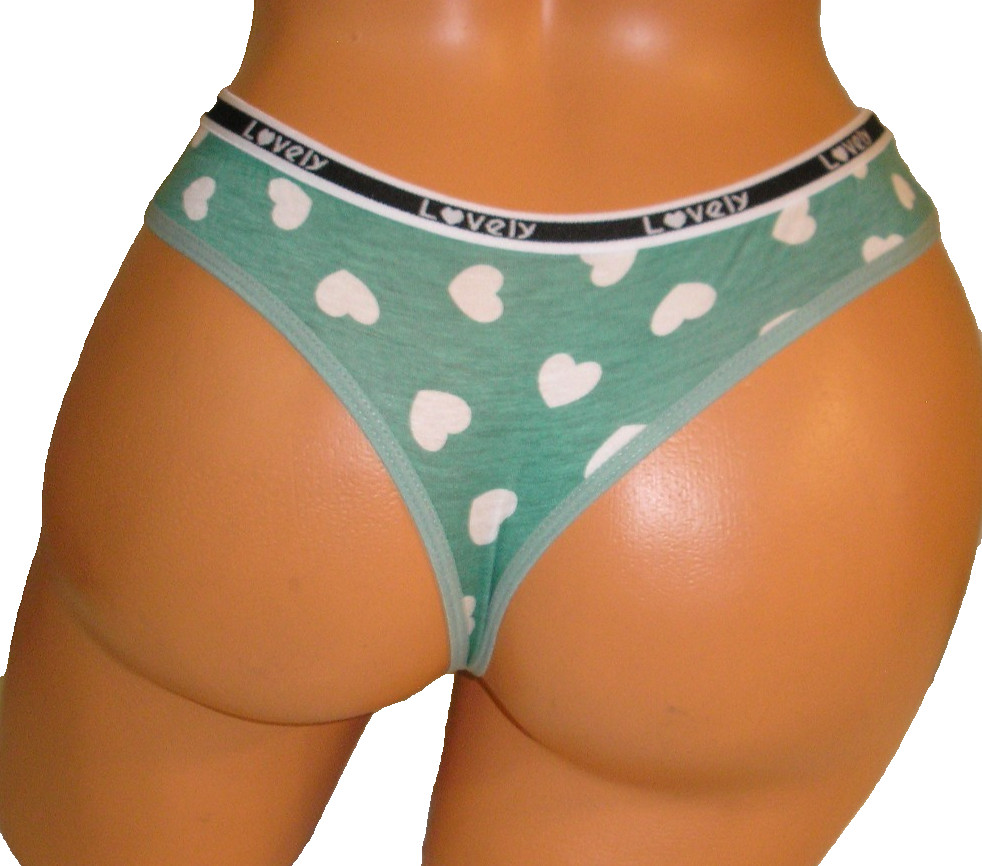 Panties Lingerie Heart Print Green Thong Medium Adult Gift