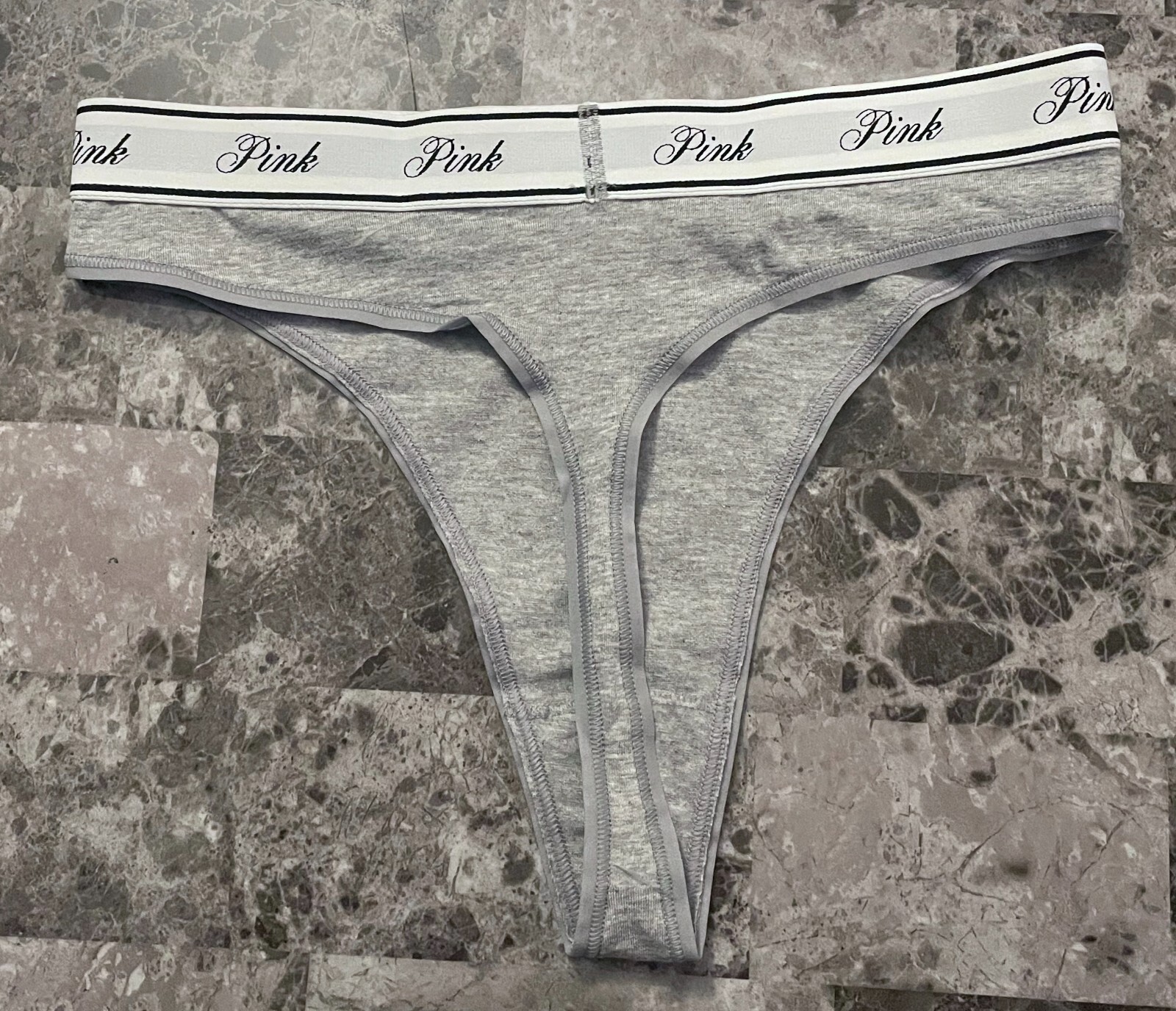 NWT VICTORIA’S SECRET PINK GRAY THICK LOGO BAND HI CUT HIGH WAIST THONG PANTIES