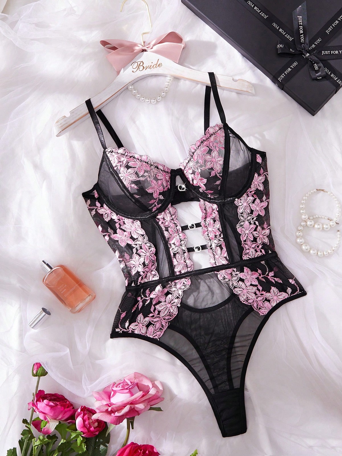 Sexy ladies lingerie jumpsuit with floral embroidery and mesh cheap 24