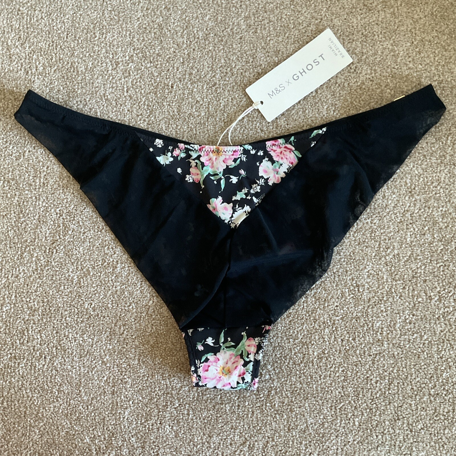 M&S Size 14 X Ghost Pretty Miami Brazilian Knickers Black Mix Pink Floral Soft