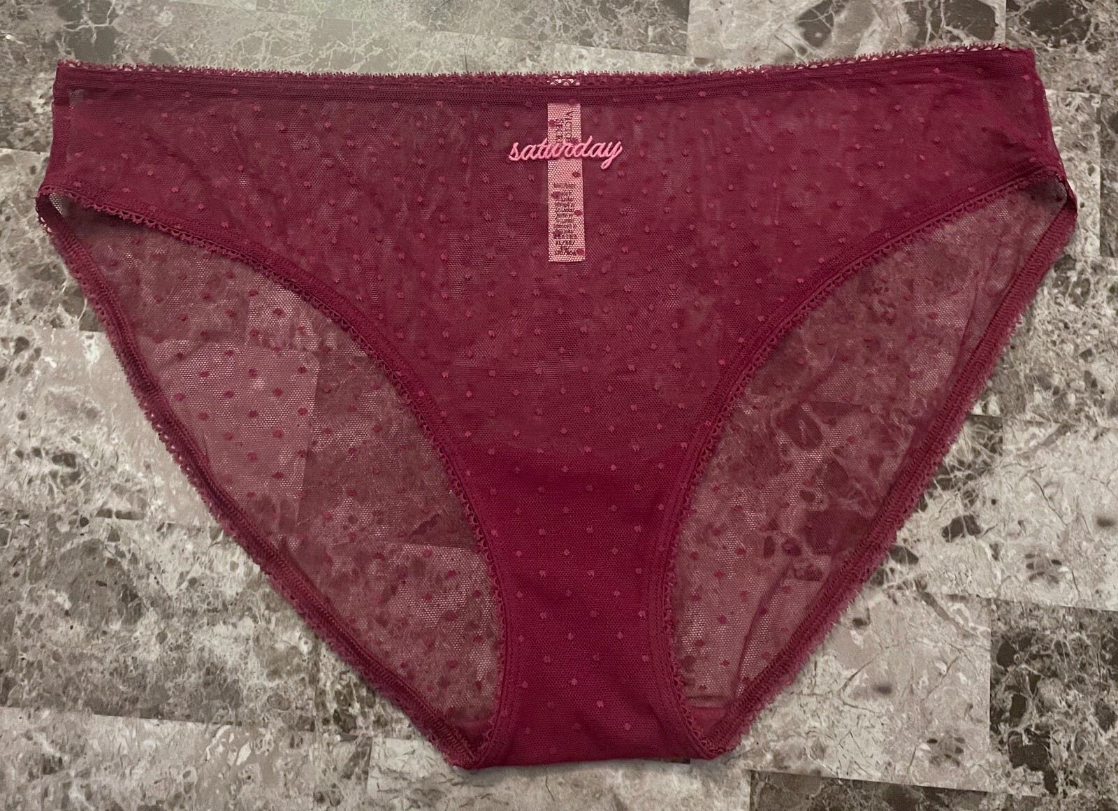 VICTORIA’S SECRET XL MAROON PINK SATURDAY EMBROIDERED DOTTED MESH BIKINI PANTIES