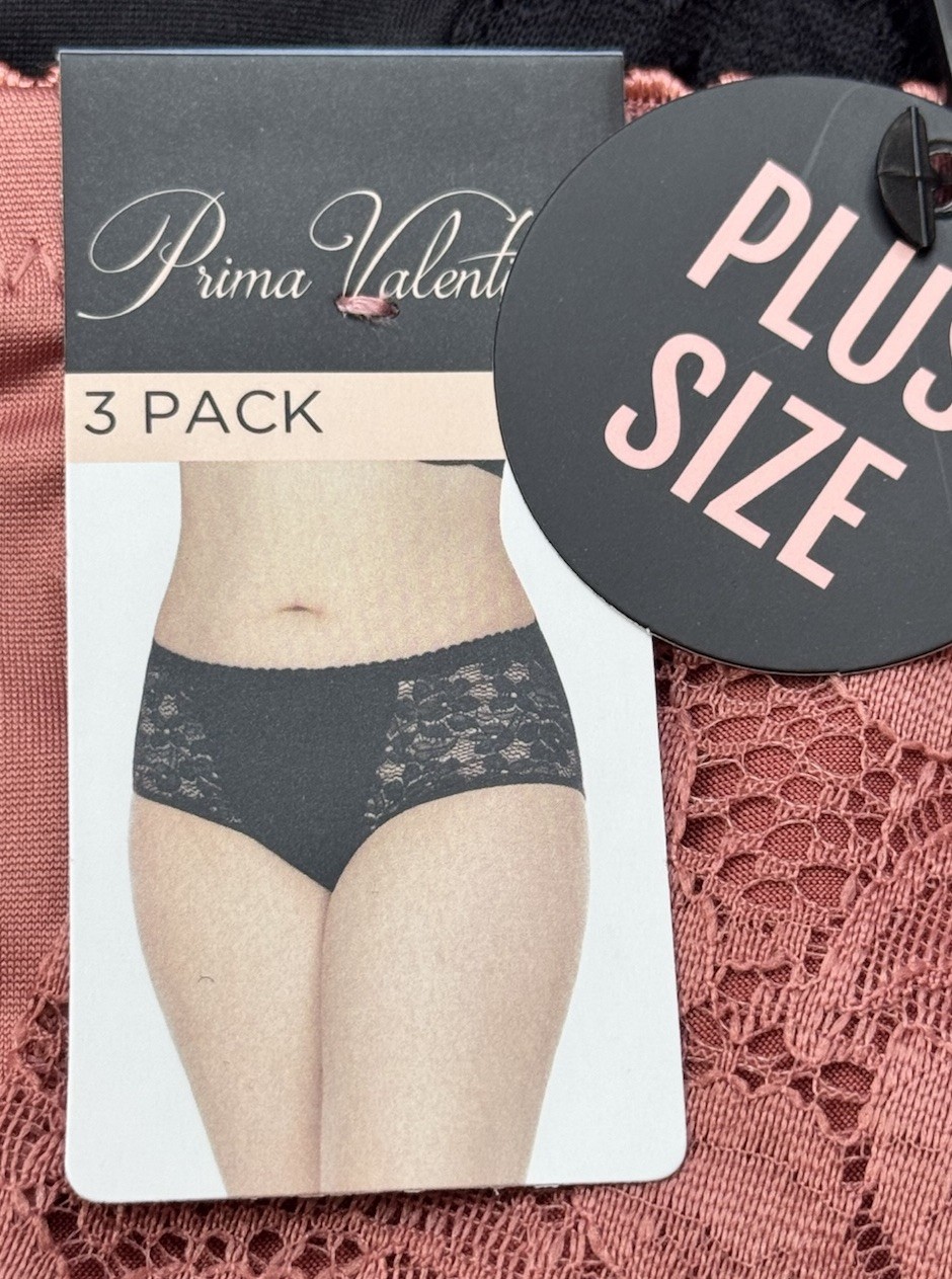 PRIMA VALENTINA Size 2X 3-Pair Brief Underwear Panties Nylon Blend Black Pink