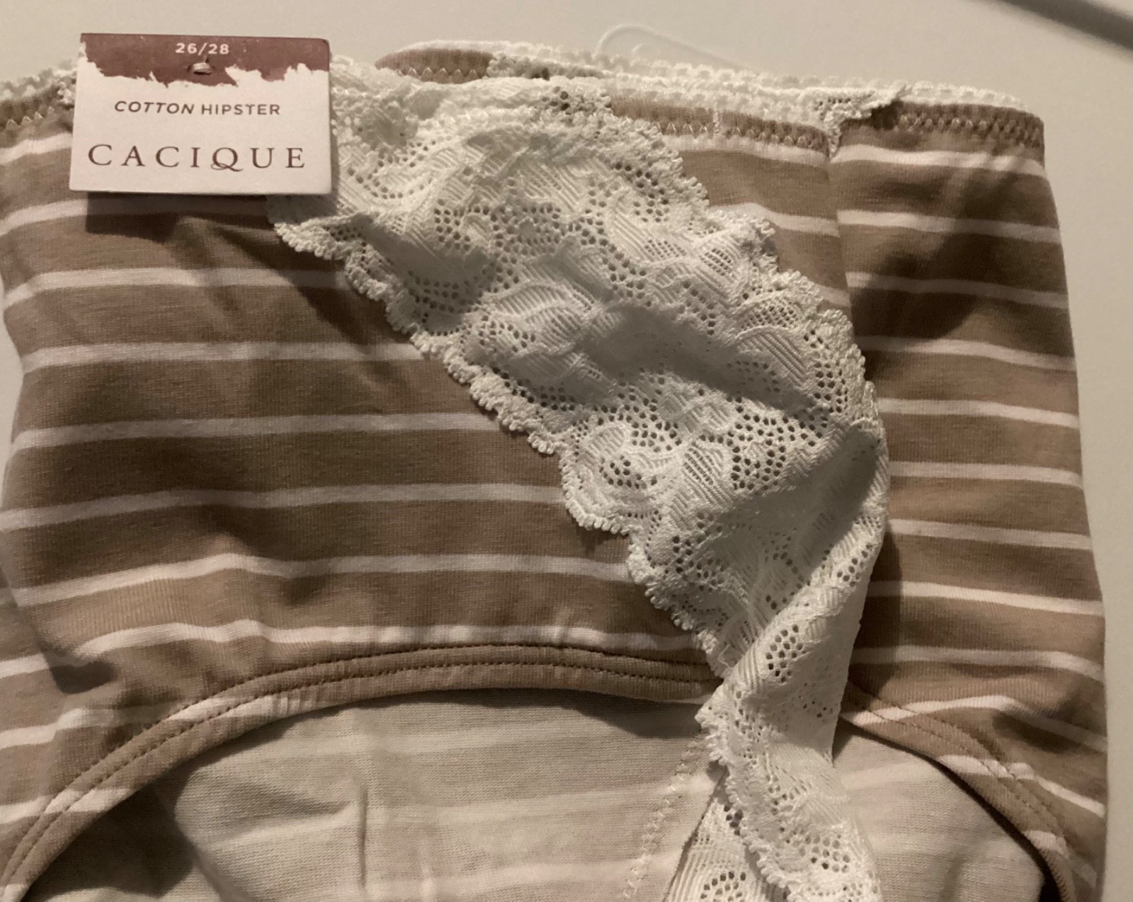 Lane Bryant Cacique panty Lace-Back Cotton Hipster 26 / 28 Taupe White pinstripe