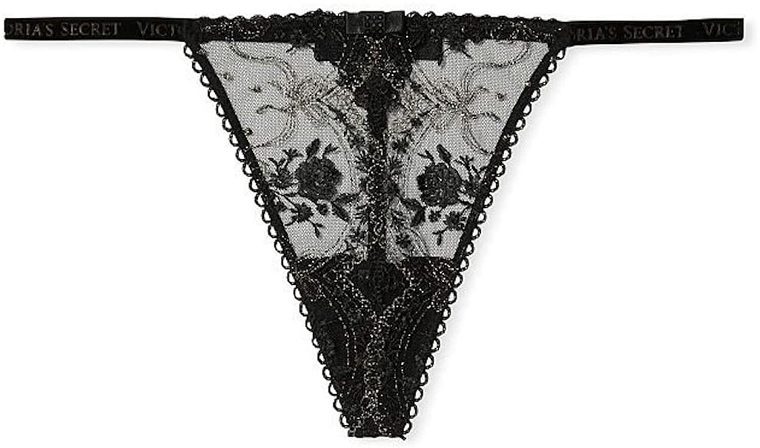 Victoria’s Secret Very Sexy Rose and Bows V-String Panty Color Black Nwt