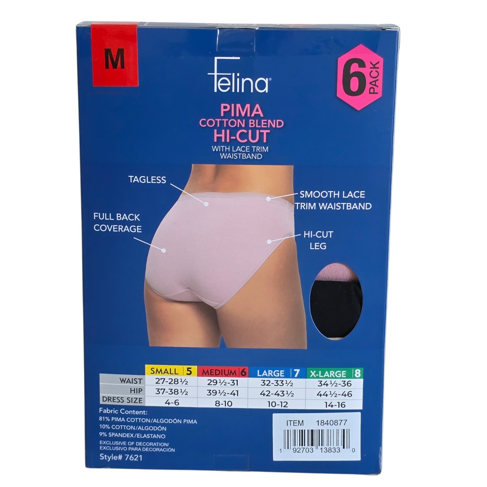 Felina Pima Cotton Blend Hi-cut with Lace Trim Waistband 6 Pack Medium NIB