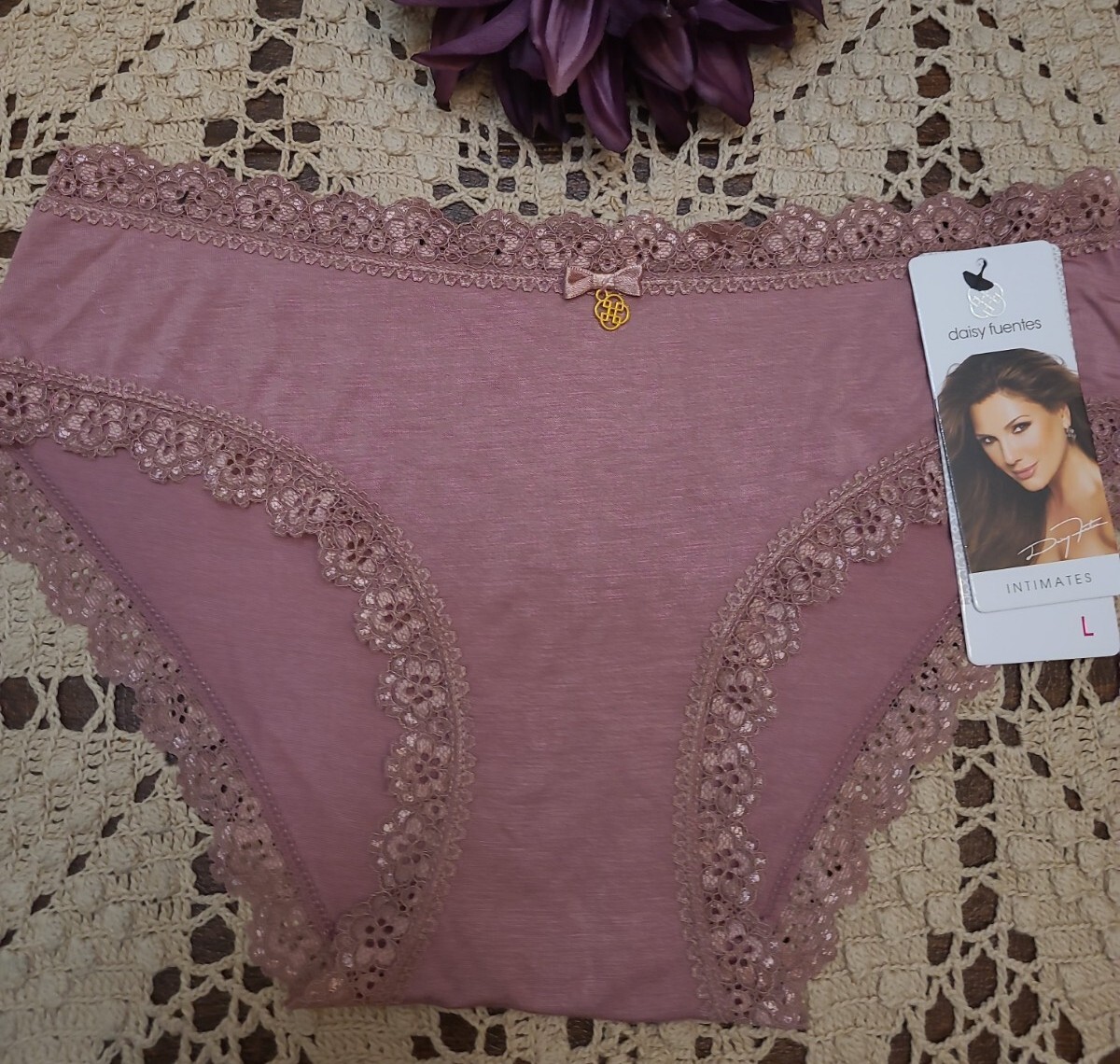 DAISY FUENTES Dusty Rose Bow/ Lace SeXy Hipster Panties Lingerie, 7/L ~ NWT