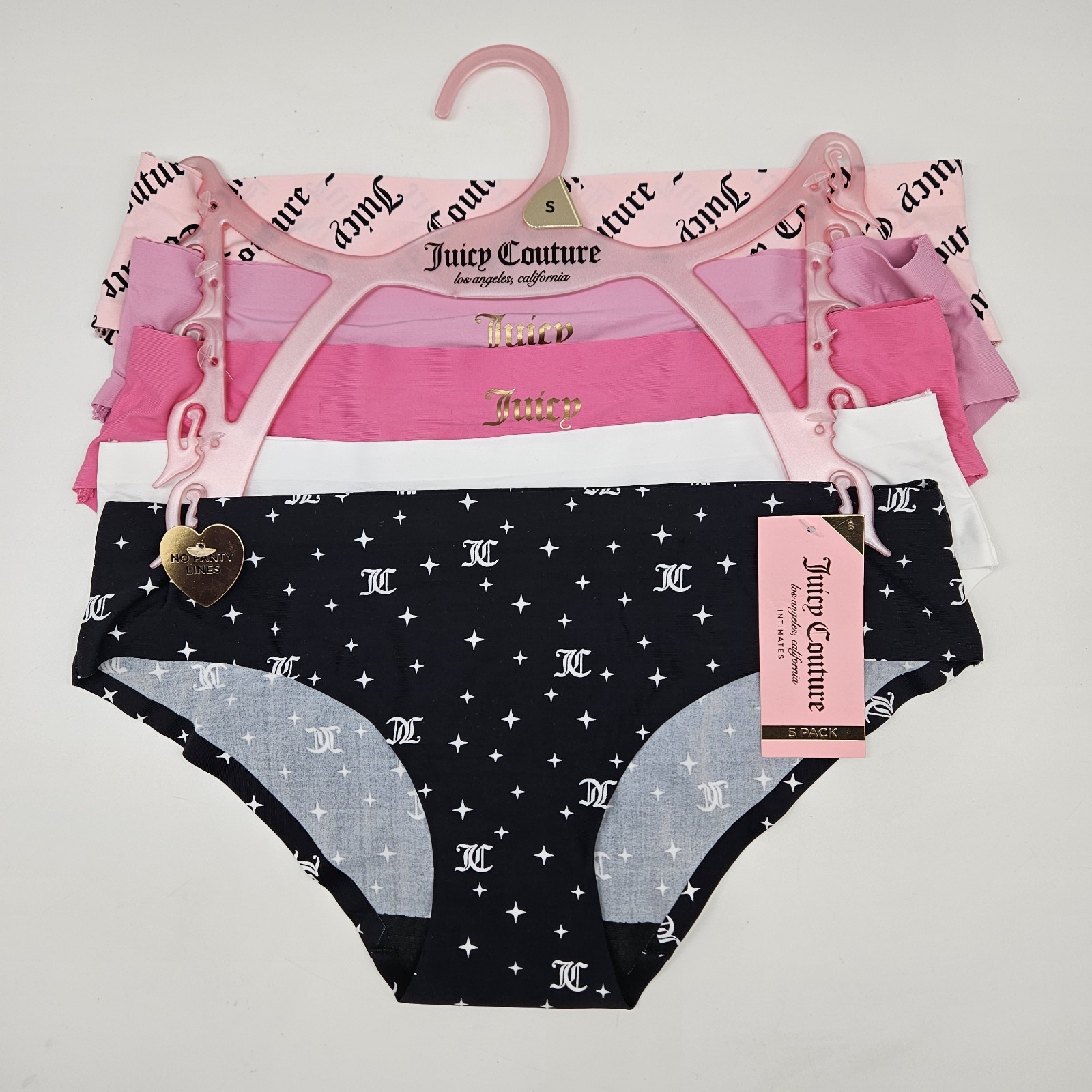 JUICY COUTURE 5 Pack Women’s S M L No Lines Logo Panties Pink White Black