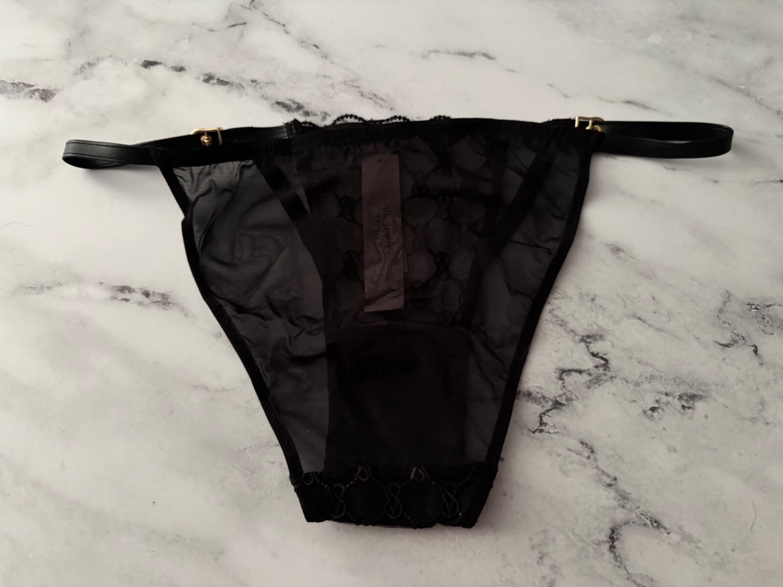 Victoria’s Secret String Bikini Panty Black Mesh w/ VS Logo Cut Out S M 2XL