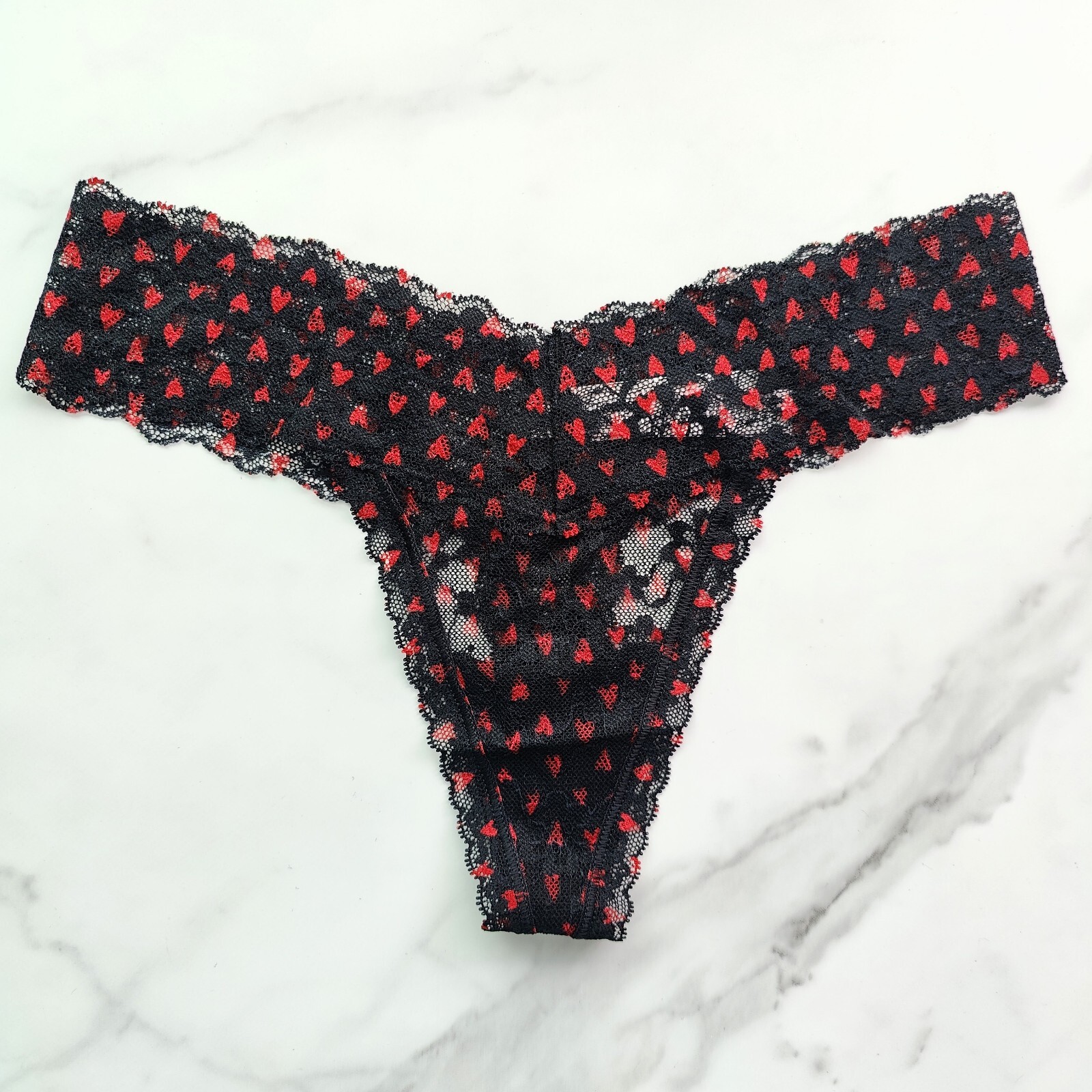 Victoria’s Secret The Lacie Posey Lace Thong Panty Black Whimsy Hearts SZ XL