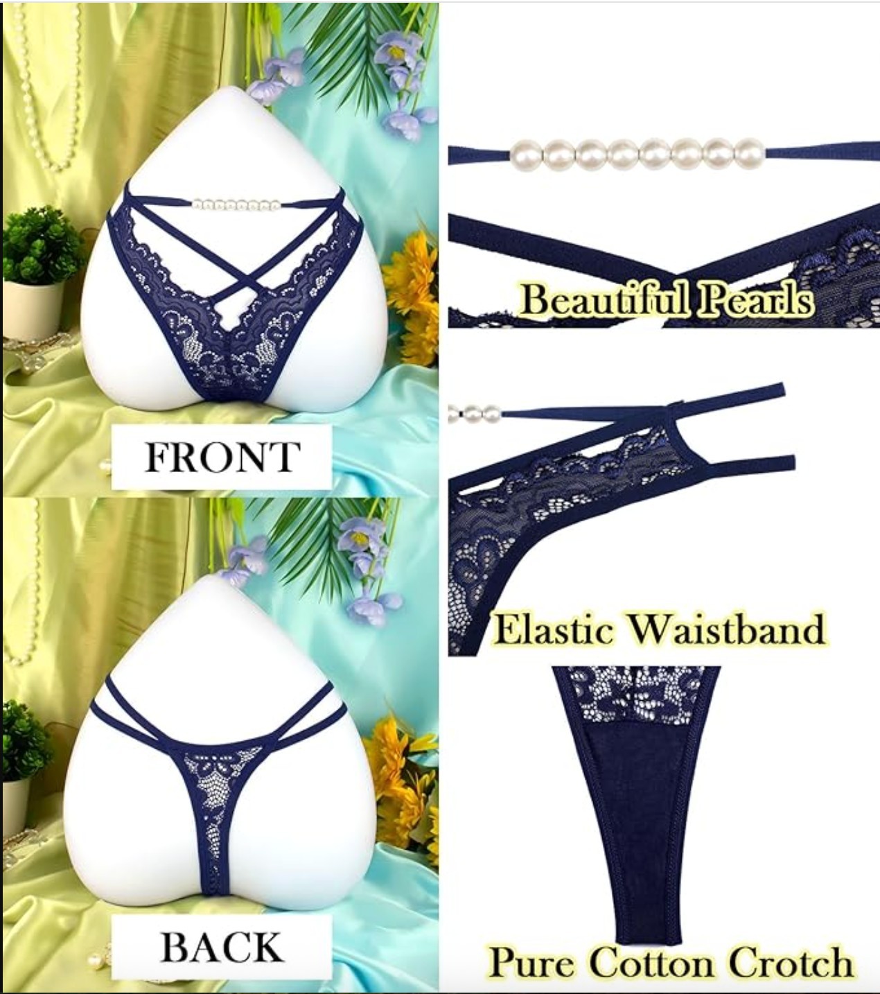Women Sexy Lace Pearl Thong Panties Floral Low Rise G String Underwear