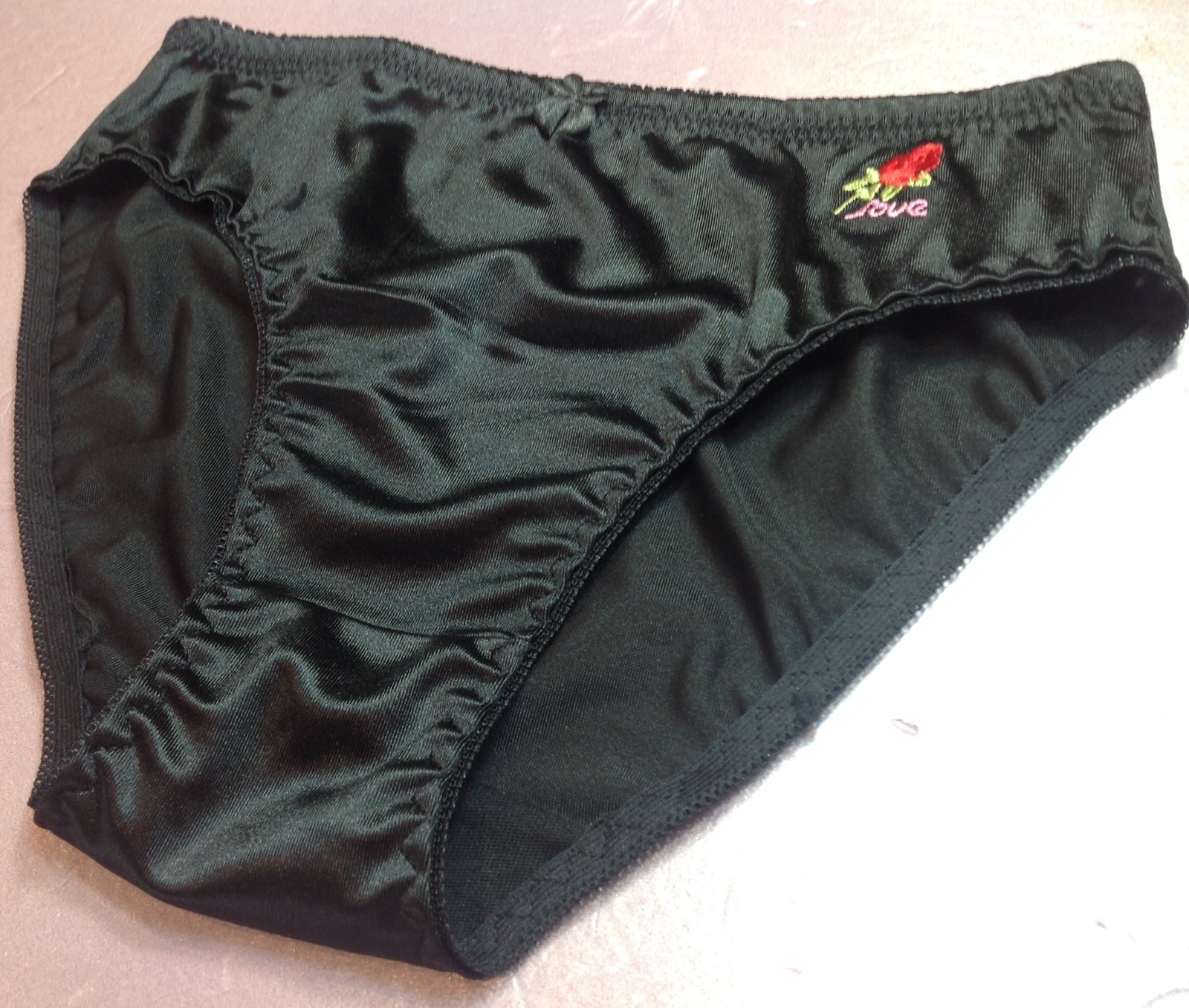 Women Panties Bikinis GRACE Size XL.Black Nylon Satin W/Decoration Elastic